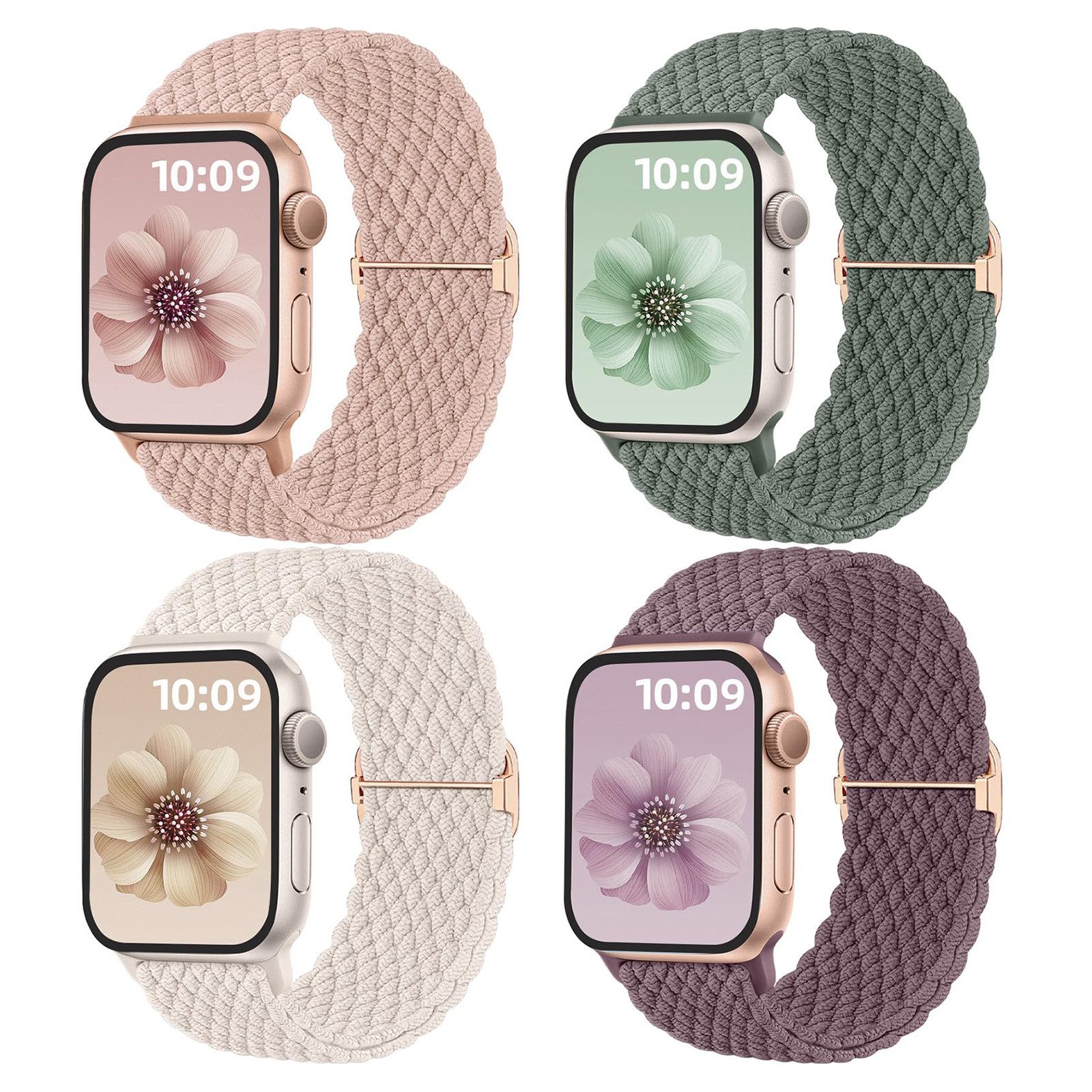 FOUORTUNATE-BEE Armband 4 Stück Geflochtenes Armbänder Kompatibel mit Apple Watch Armband (Damen Herren Elastisches Nylon Stoff Armband-Sport Solo Loop), Loop für iWatch SE Series 11 10 9 8 7 6 5 4 3 2 1 Ultra