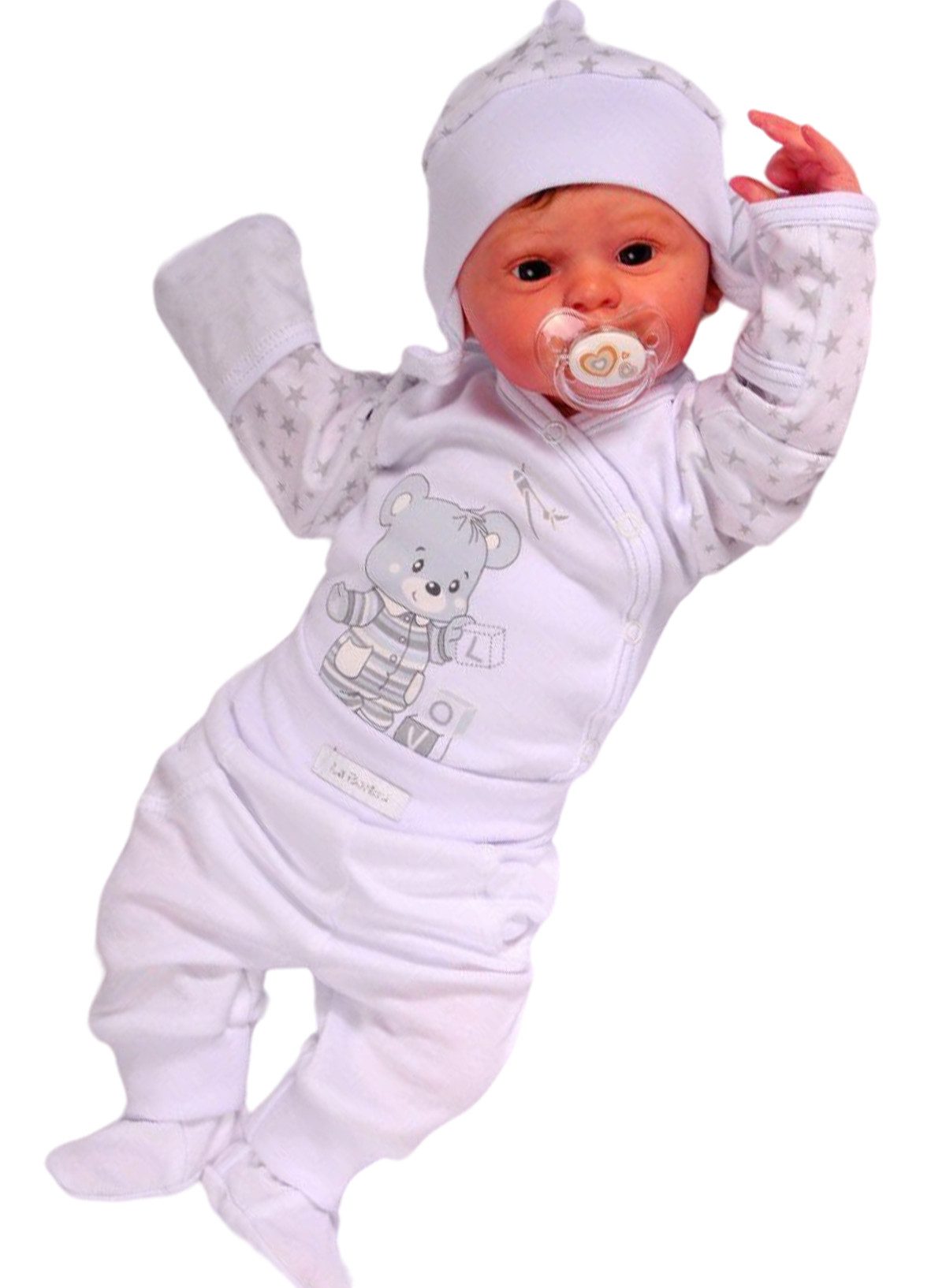Body & Hose Baby Anzug 3Tlg Wickelbody Schlupfhose Mütze Set in Weiß mit Bärchen
