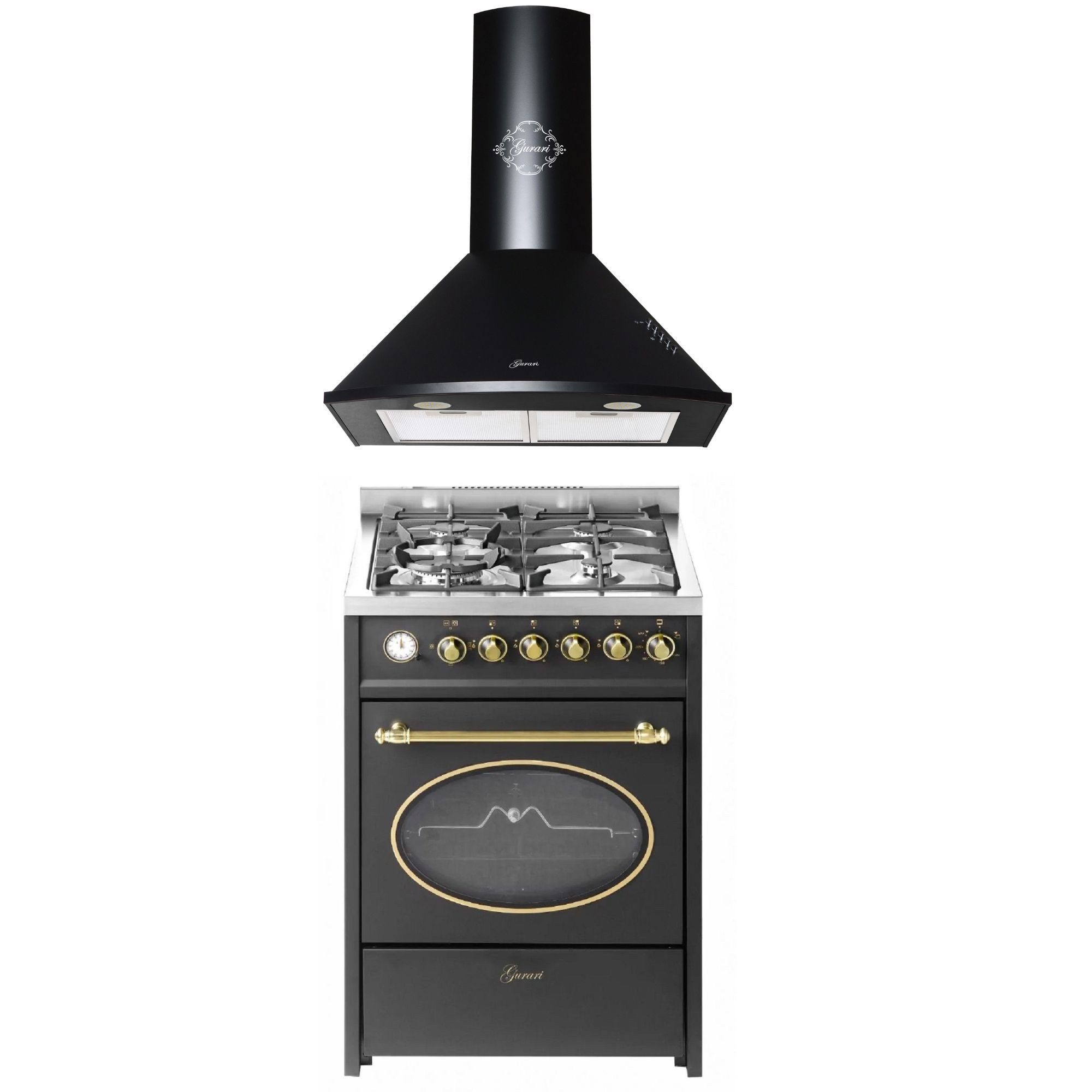 GURARI Gas-Standherd Gas Standherd / Range Coocker 60 cm in Schwarz mit Gasgrill+Dunstabzugshaube 60 cm,Schwarz, Saugstark 1000m³/h GCH G 614 BR+GCH C 046 BL 6 N, mit 1-fach-Teleskopauszug, Gas Standherd 60 cm+Dunstabzugshaube 60 cm
