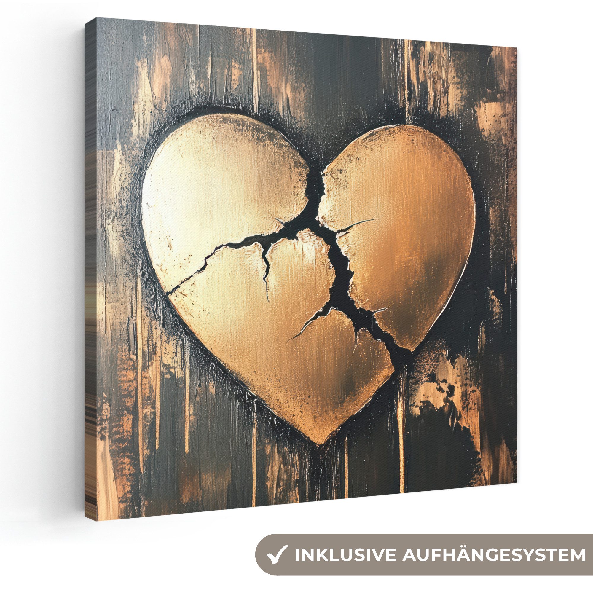 OneMillionCanvasses® Leinwandbild Gebrochenes Herz - Gold - Holzoptik - Liebe, Fotodruck (1 St), Wandbild, Deko Schlafzimmer Wohnzimmer Flur 20x20 cm
