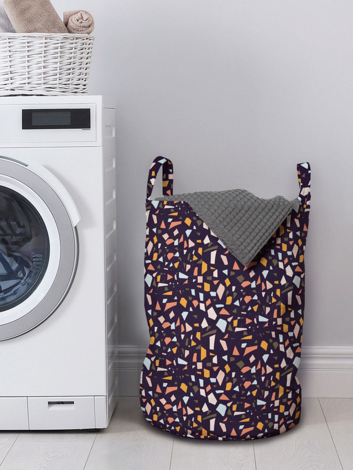 Retro Theme Waschsalons, mit Wäschekorb Stil Griffen Abakuhaus Kordelzugverschluss Geometrisch für Wäschesäckchen mit