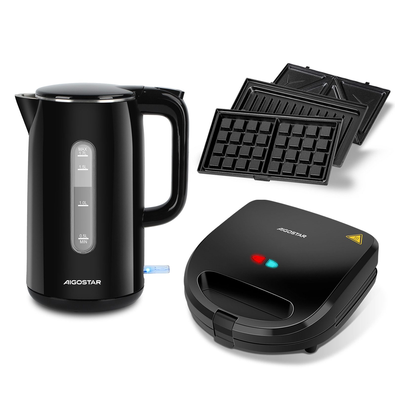 Aigostar Frühstücks-Set Edelstahl Doppelwand Wasserkocher 1.7L 2200W/3 in 1 Sandwichmaker 750W, Cool-Touch, Doppelwand Design, 4 Minuten Schnell auf 100°C, BPA Frei
