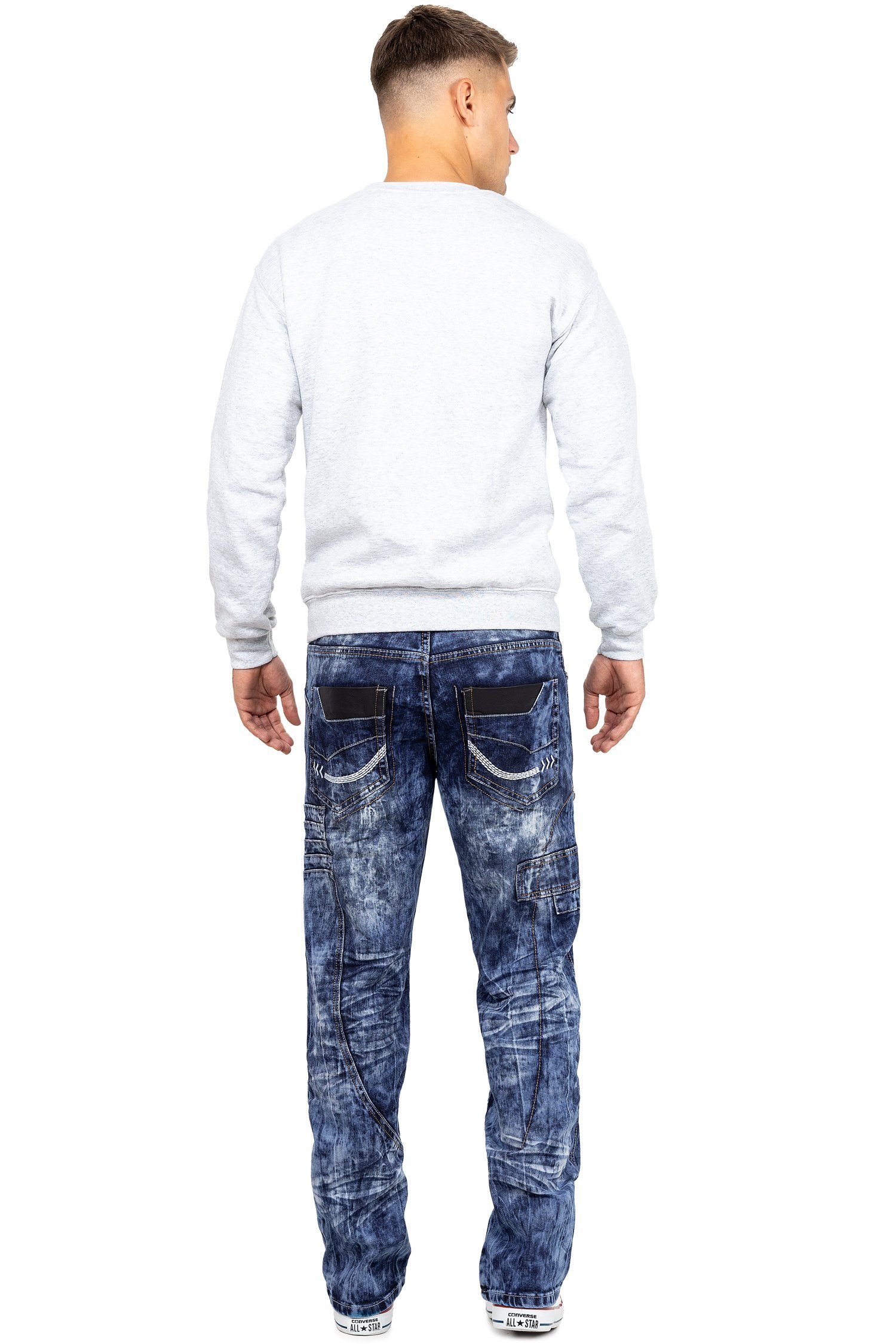 Kosmo Lupo 5-Pocket-Jeans Herren Regular Fit Hose Stonewashed KM012 (1-tlg) Kontrastnähte in Orange/Weiß und Ziernähte