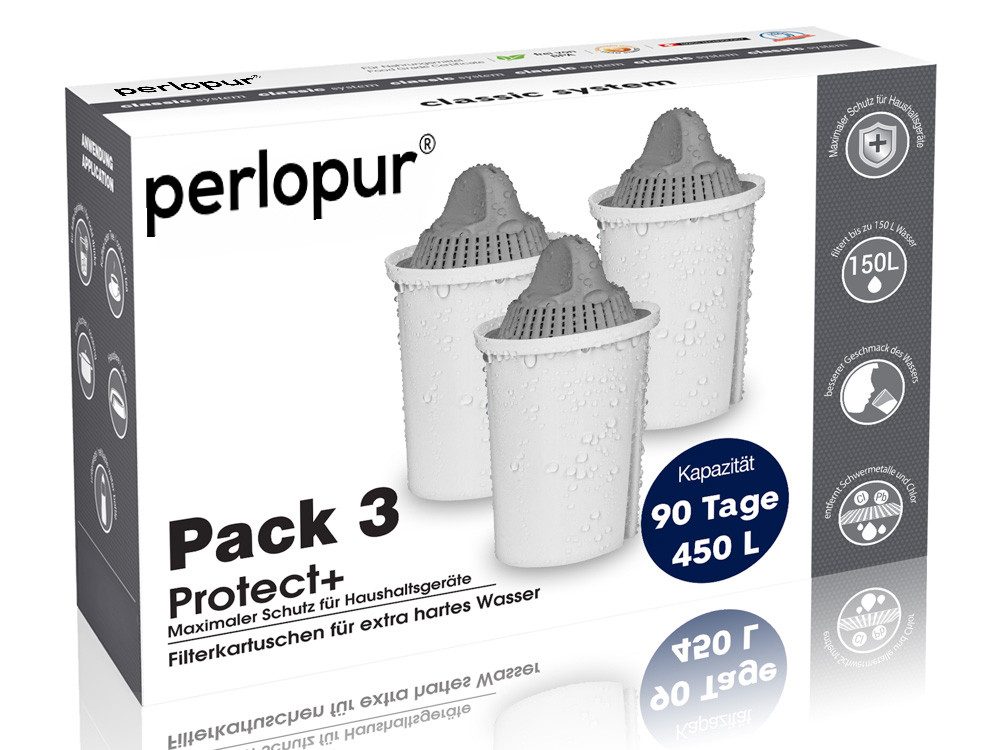 PerloPur Kalk- und Wasserfilter Filterkartuschen Classic Protect+ Pack 3, Zubehör für Brita Classic u. PearlCo Classic