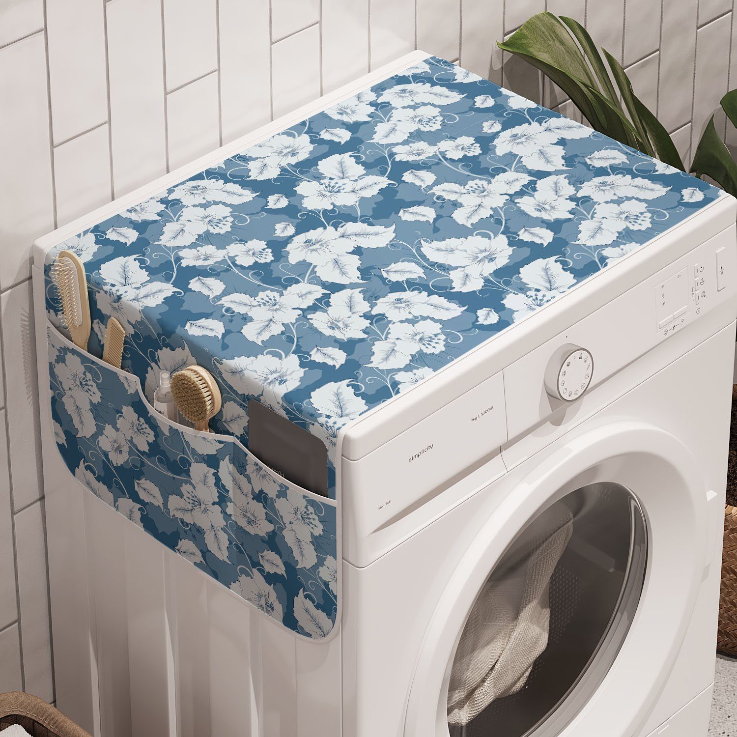 Abakuhaus Badorganizer Anti-Rutsch-Stoffabdeckung für Waschmaschine und Trockner, Blumen Retro Blue Design Blumen