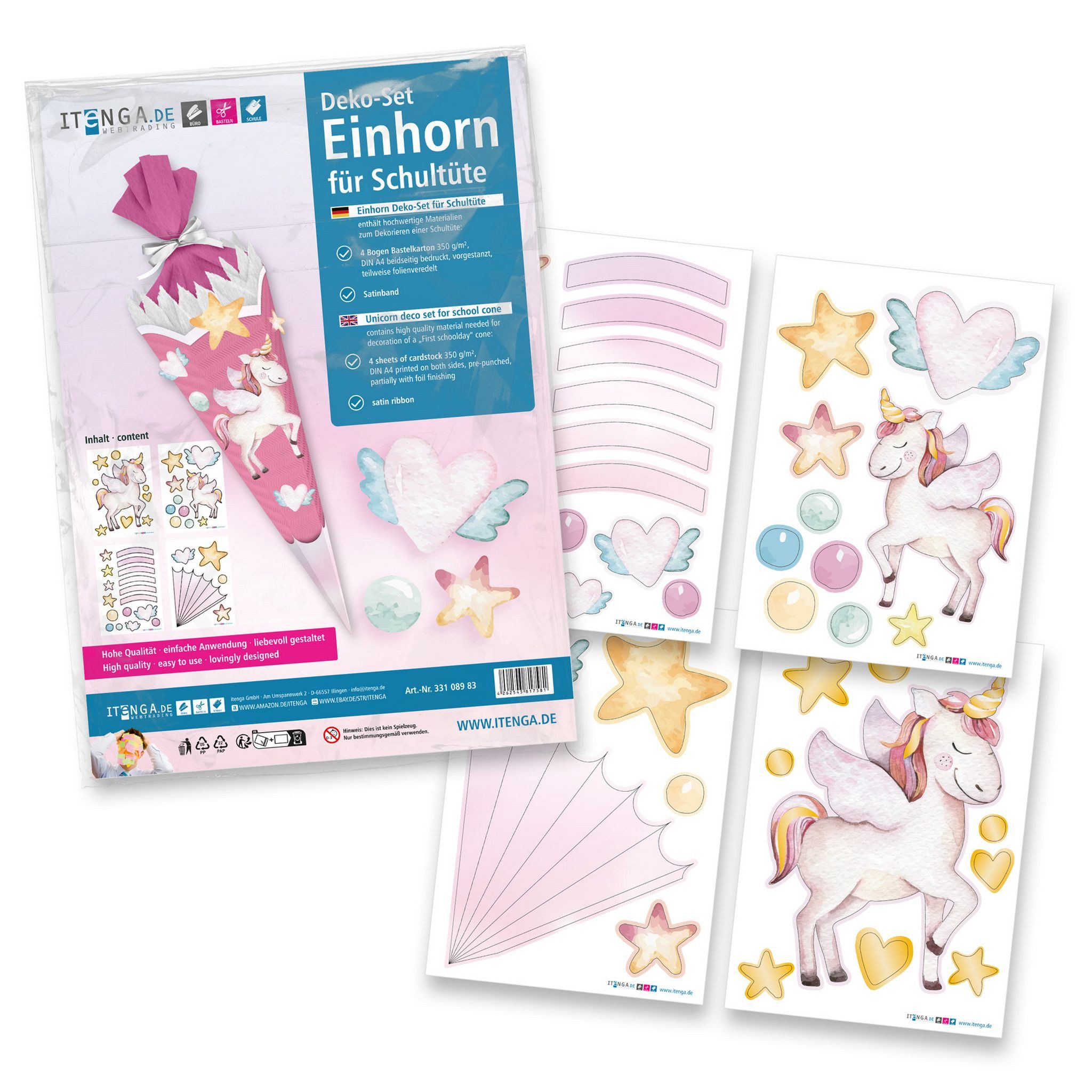 itenga Schultüte itenga DEKO-SET für SCHULTÜTE Einhorn Wasserfarben