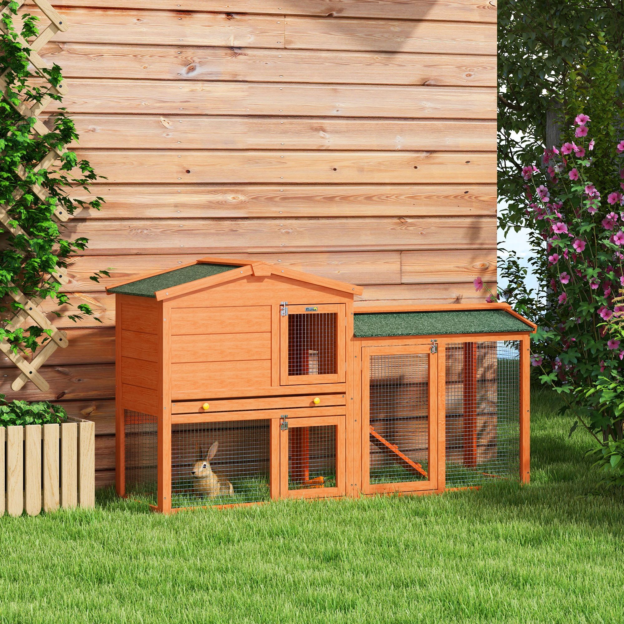 PawHut Kleintierstall Kaninchenstall aus Holz auf Zwei Etagen mit Rampe Hasenstall, 150 x 45 x 85 cm, für Hasen, Meerschweinchen, Orange