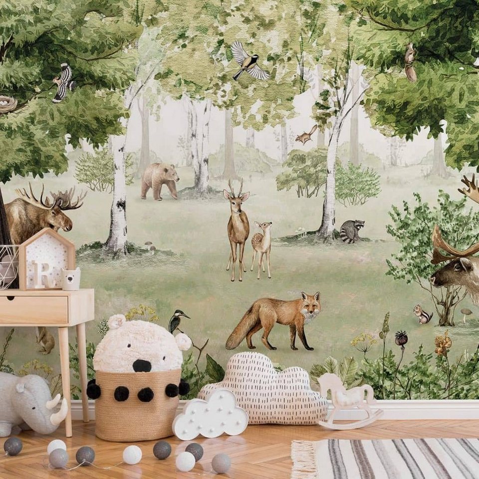 K&L Wall Art Fototapete Fototapete Baby Kinderzimmer Vliestapete  Waldbewohner Fuchs Hirsch Elch, große XXL Motivtapete