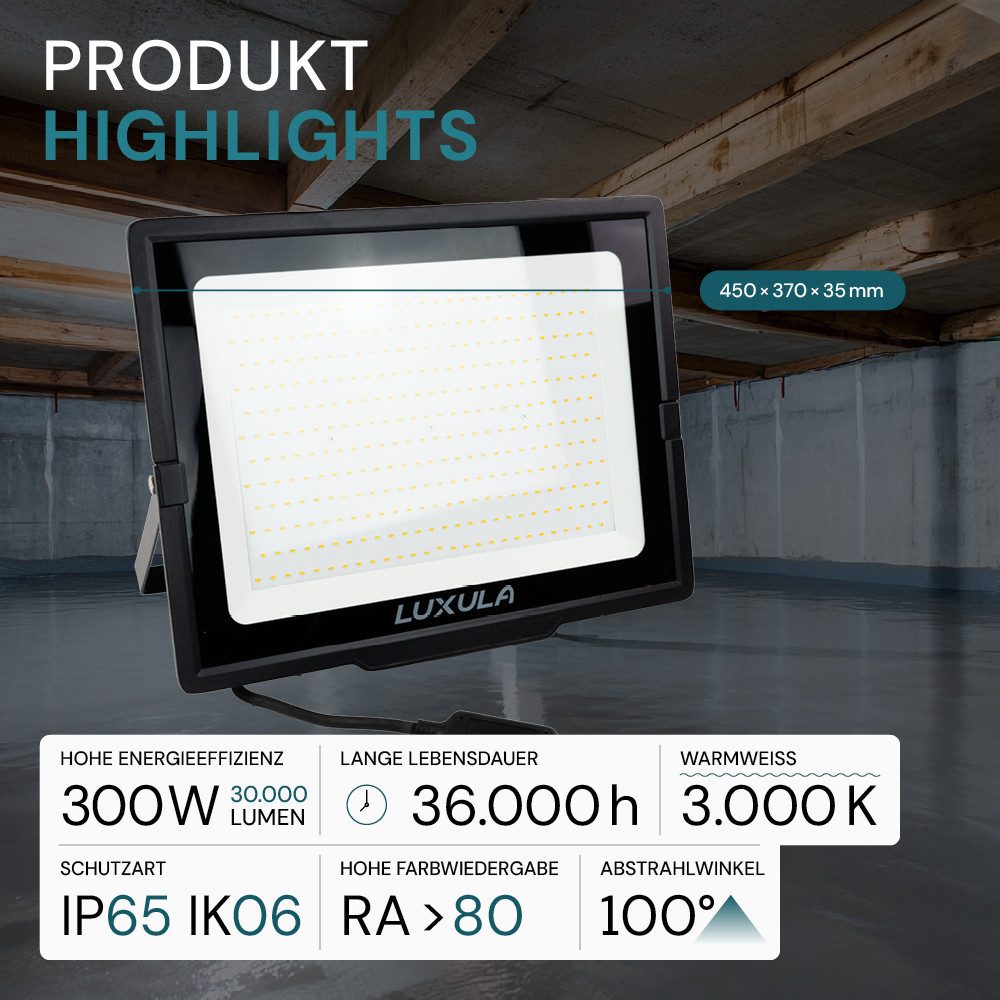 LUXULA LED Flutlichtstrahler LUXULA LED Fluter 300 W 3000 K Warmweiß Schwarz, LED fest integriert, Warmweiß