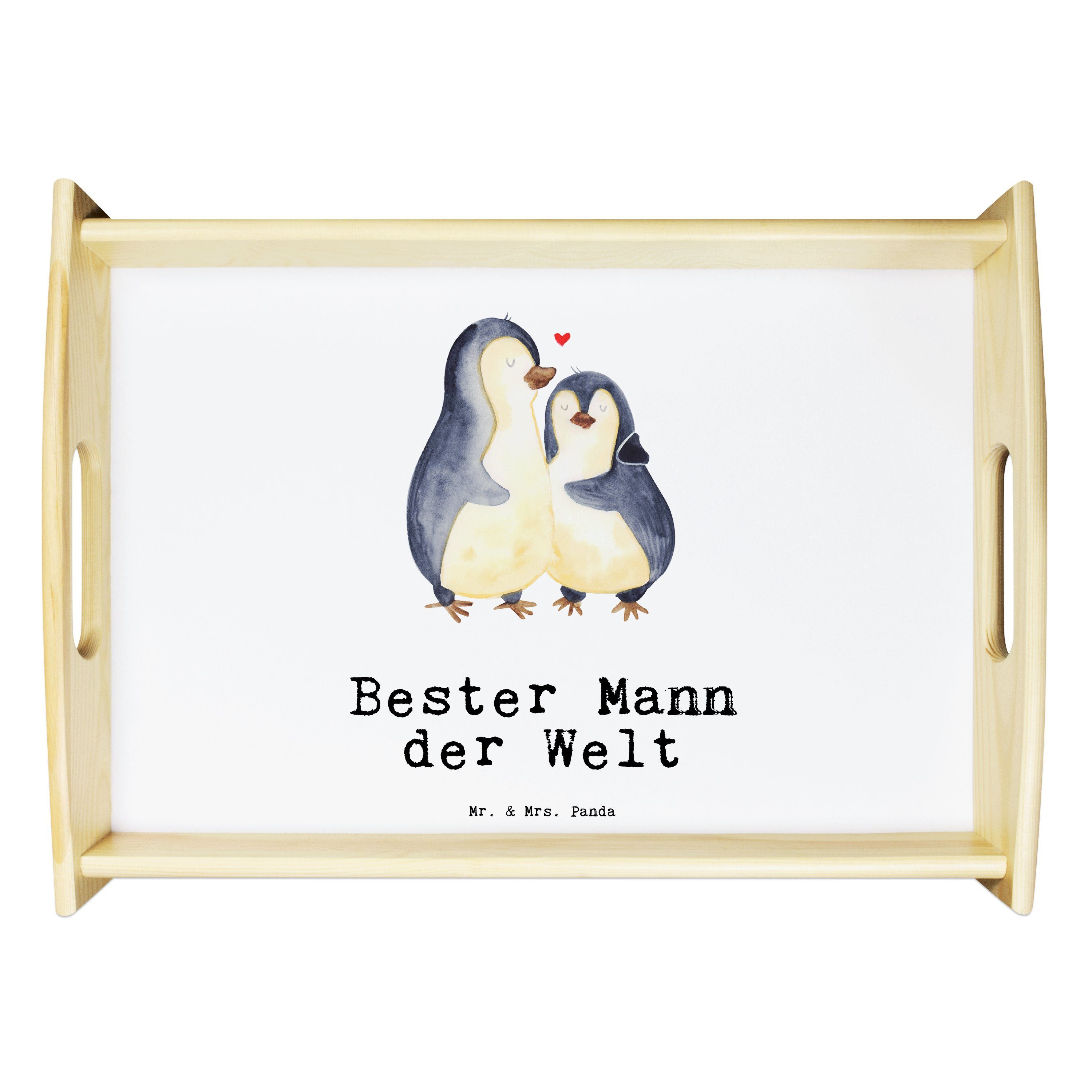 Mr. & Mrs. Panda Tablett Pinguin Bester Mann der Welt - Weiß - Geschenk, Dankeschön, Geburtsta, Echtholz lasiert, (1-tlg)