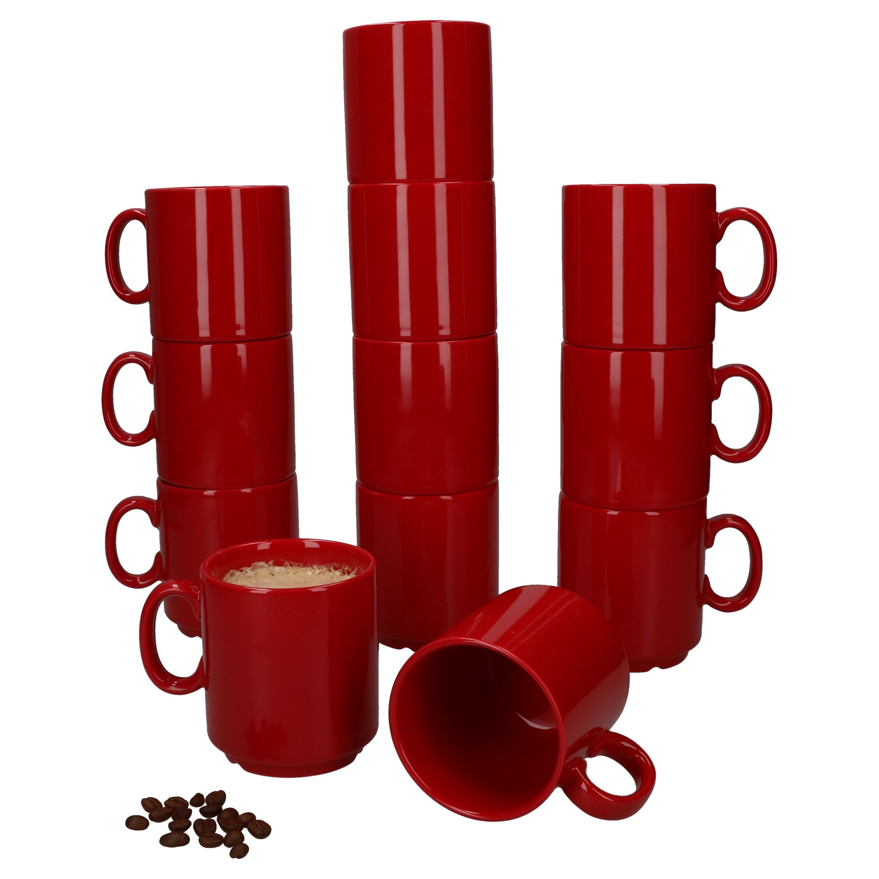 MamboCat Becher 12er Set Event Kaffeebecher 250ml rot Porzellan-Tassen stapelbar, Porzellan