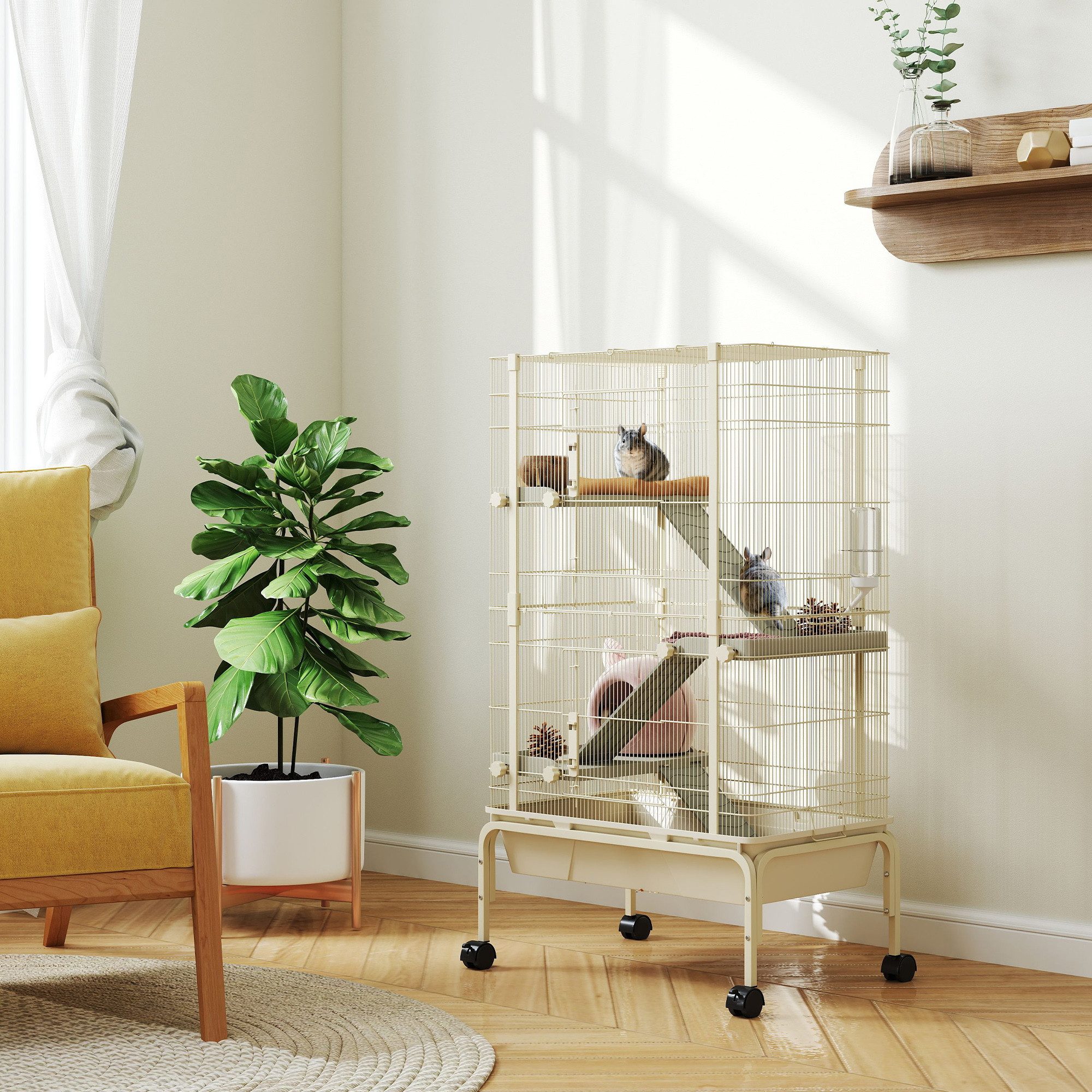 PawHut Kleintierkäfig Freigehege Kleintiergehege mit 3 Rampen und ausziehbarem Tablett, mit Zubehör für Chinchilla, Eichhörnchen, Zwerghamster Beige