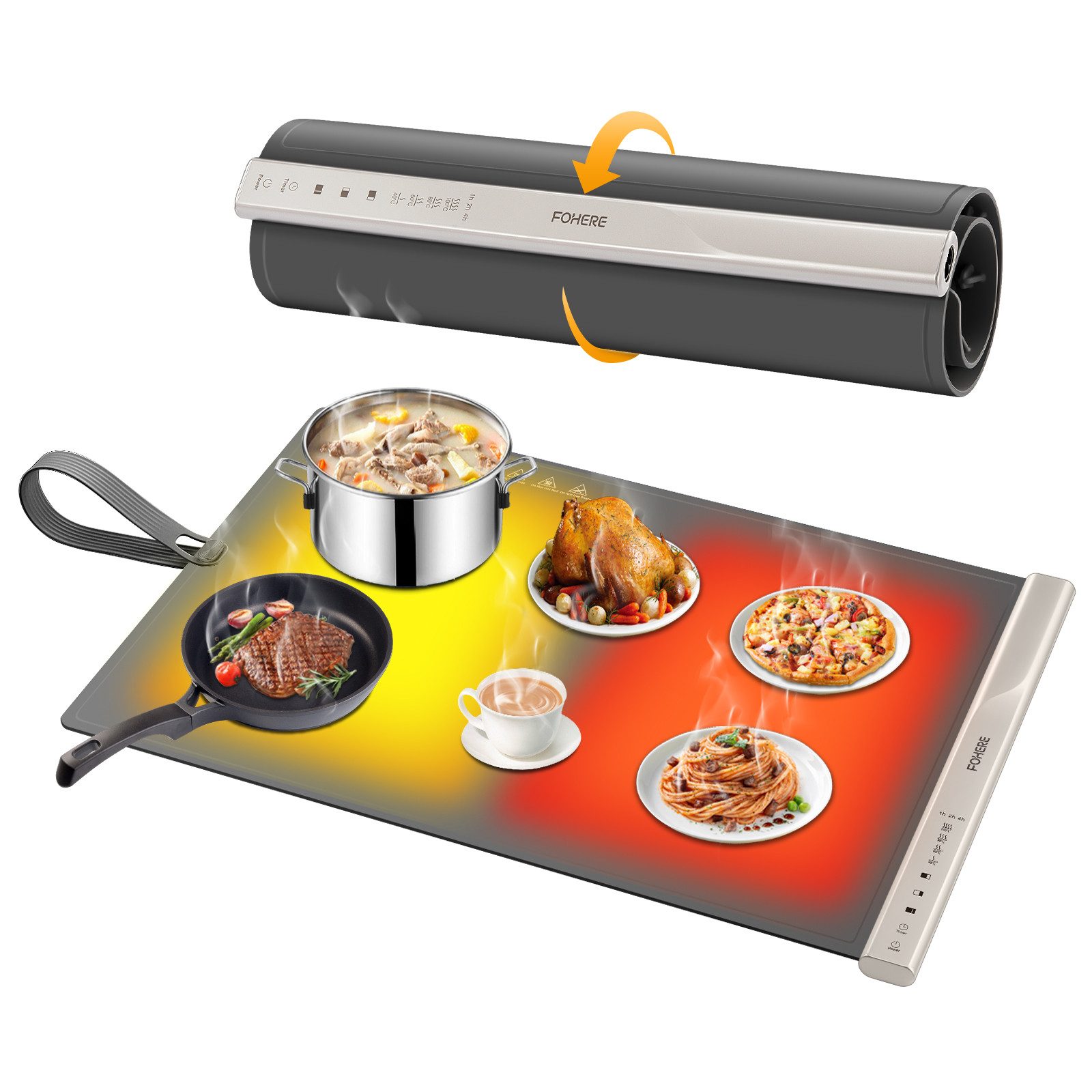 FOHERE Warmhalteplatte Elektrische Warmhaltematte für Speisen mit Großer Oberfläche, 4 Std.Timer, Lebensmittelechtes Silikon-Nanomaterial