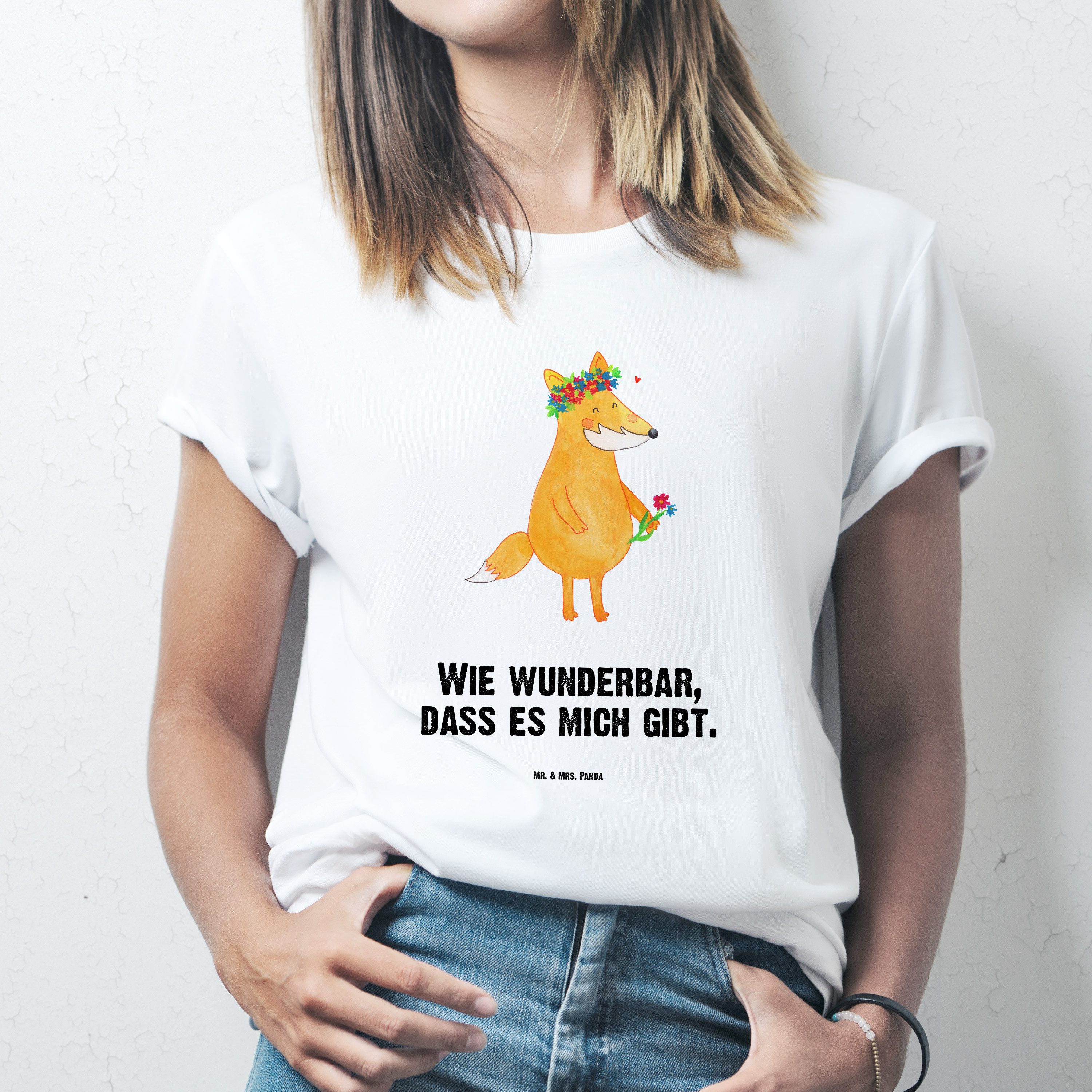 Mr. & Mrs. Panda T-Shirt Fuchs Blumen, Tshirt, Weiß, Boho, Oversize T-Shirt, Blumen, Herren XX (Packung) Geschenk Plus Size T-Shirt Niedlich