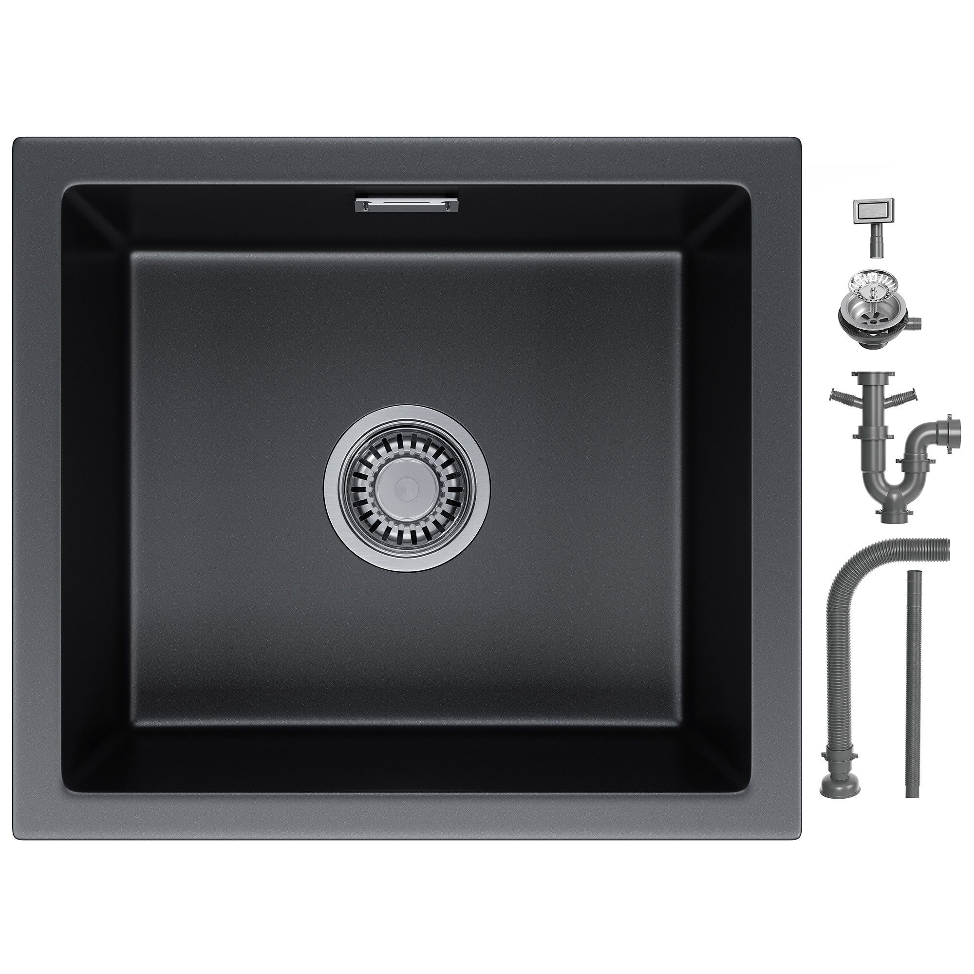 HOROW Granitspüle Küchenspüle Granit Siphon Einbauspüle Spülbecken, 56/43 cm, Vorgebohrt für eine Armatur Reversibel – Links oder Rechts montierbar, (Granit Siphon, mit Siphon Ab- und Überlaufgarnitur), mit Siphon Ab- und Überlaufgarnitur