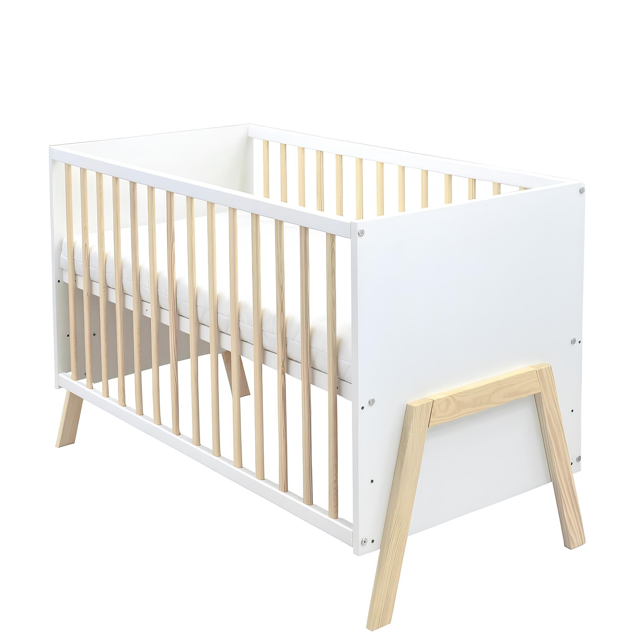 Baby-Delux Babybett Juna Weiß Kiefernholz Schutzgitter, Kinderbett 60x120 weiß Kiefer Matratze