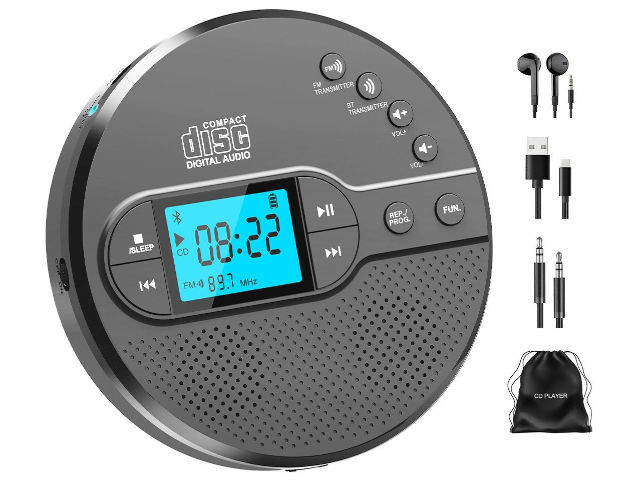 Greadio CD35 Tragbarer CD-Player Discman mit Bluetooth & Akku, FM-Sender tragbarer CD-Player