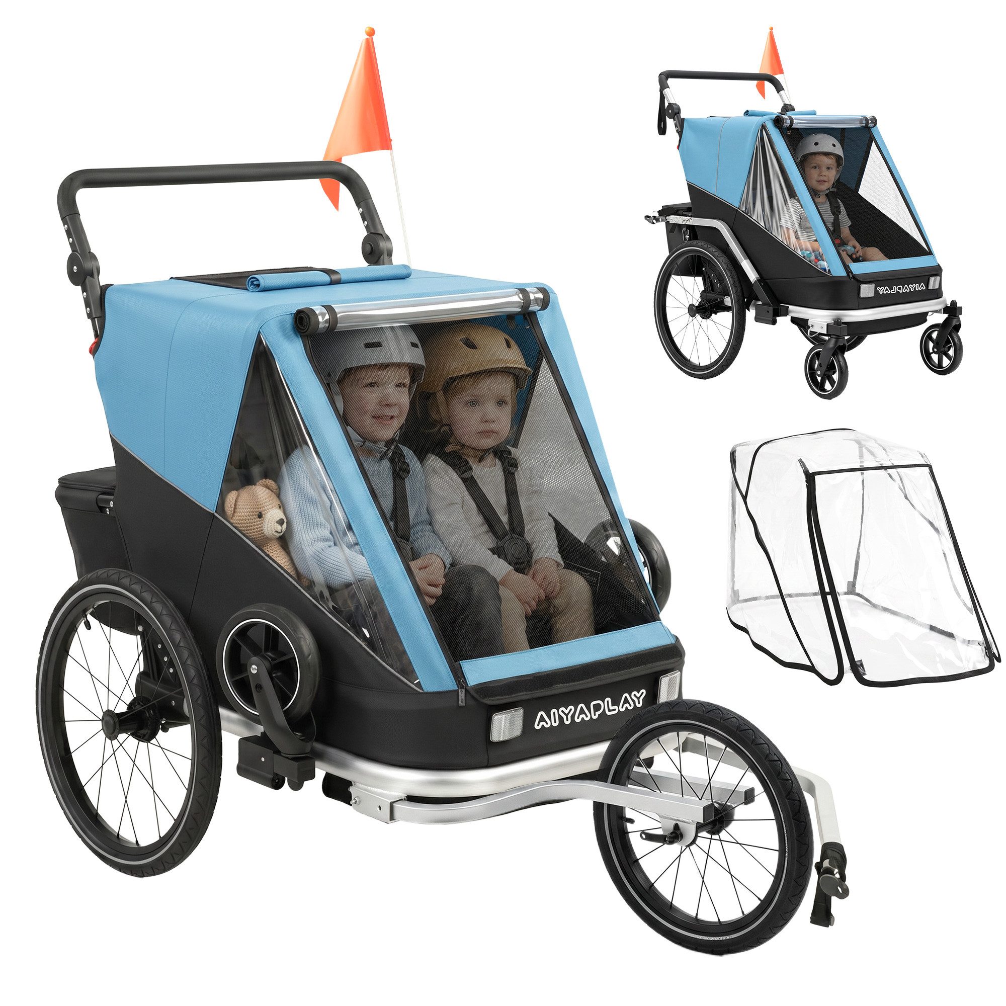 AIYAPLAY Fahrradkinderanhänger 2-Sitzer Faltbar Kinderfahrradanhänger, 2-in-1 klappbar, für 2 Kinder, Reflektoren