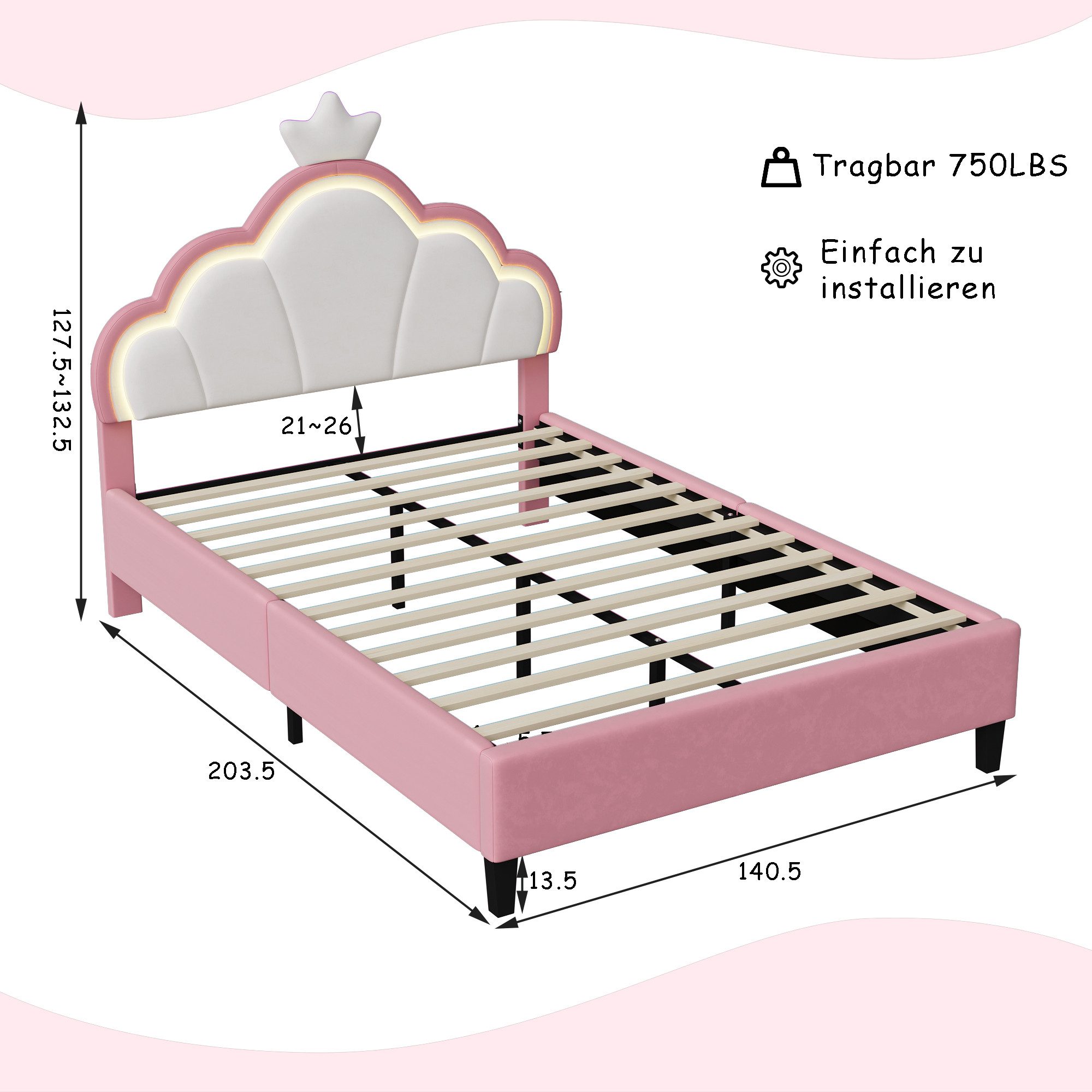 PXloue Polsterbett Kinderbett Jugendbett (Kopfteil hochstellbar), Doppelbett,kronenförmige-Kopfteil,mit LED und Lattenrost,140x200cm