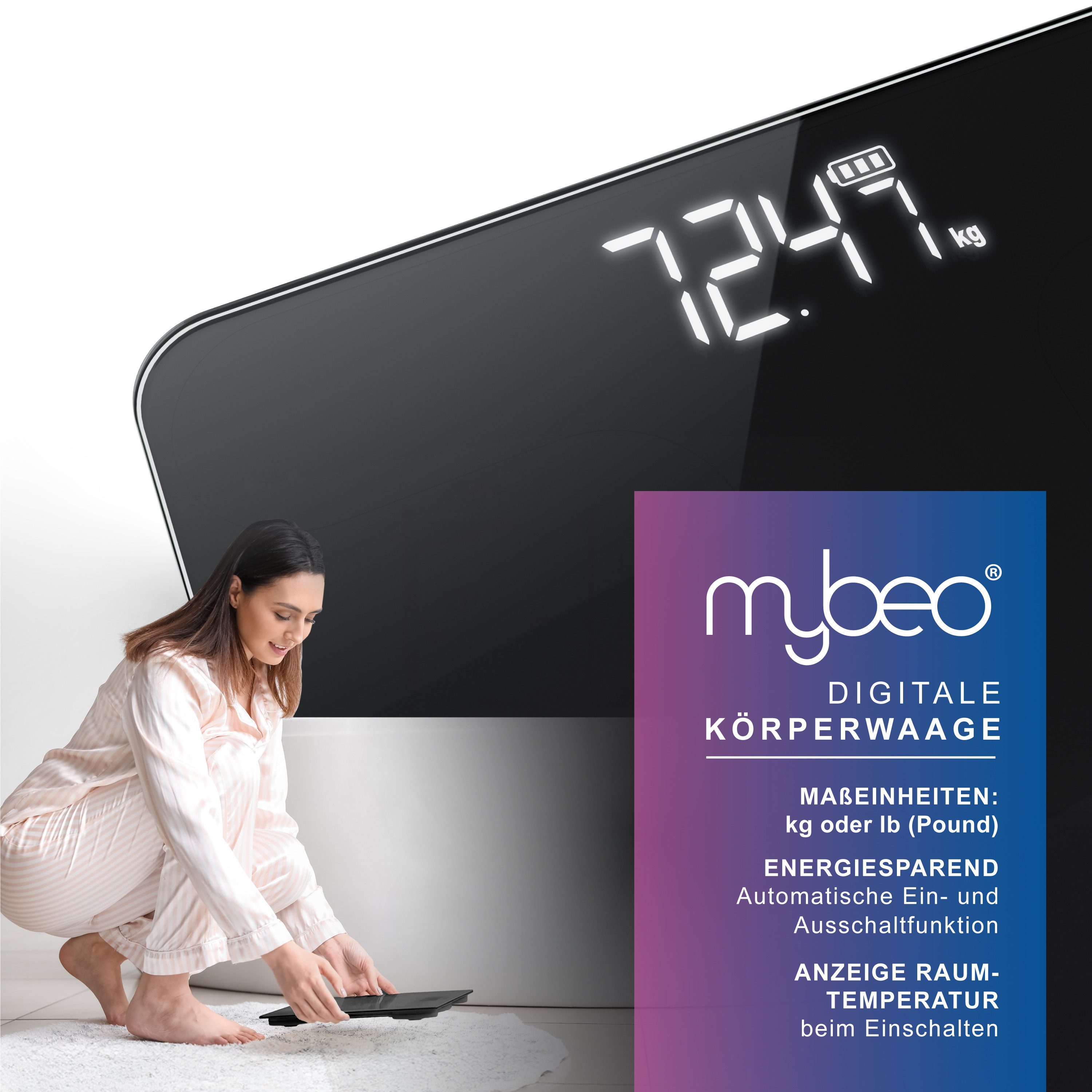 MyBeo Personenwaage digitale Waage für Personen, große Trittfläche aus 6mm Sicherheitsglas, 1-tlg., Badezimmer Digitalwaage, schmales Design, max. Belastung über 150 kg
