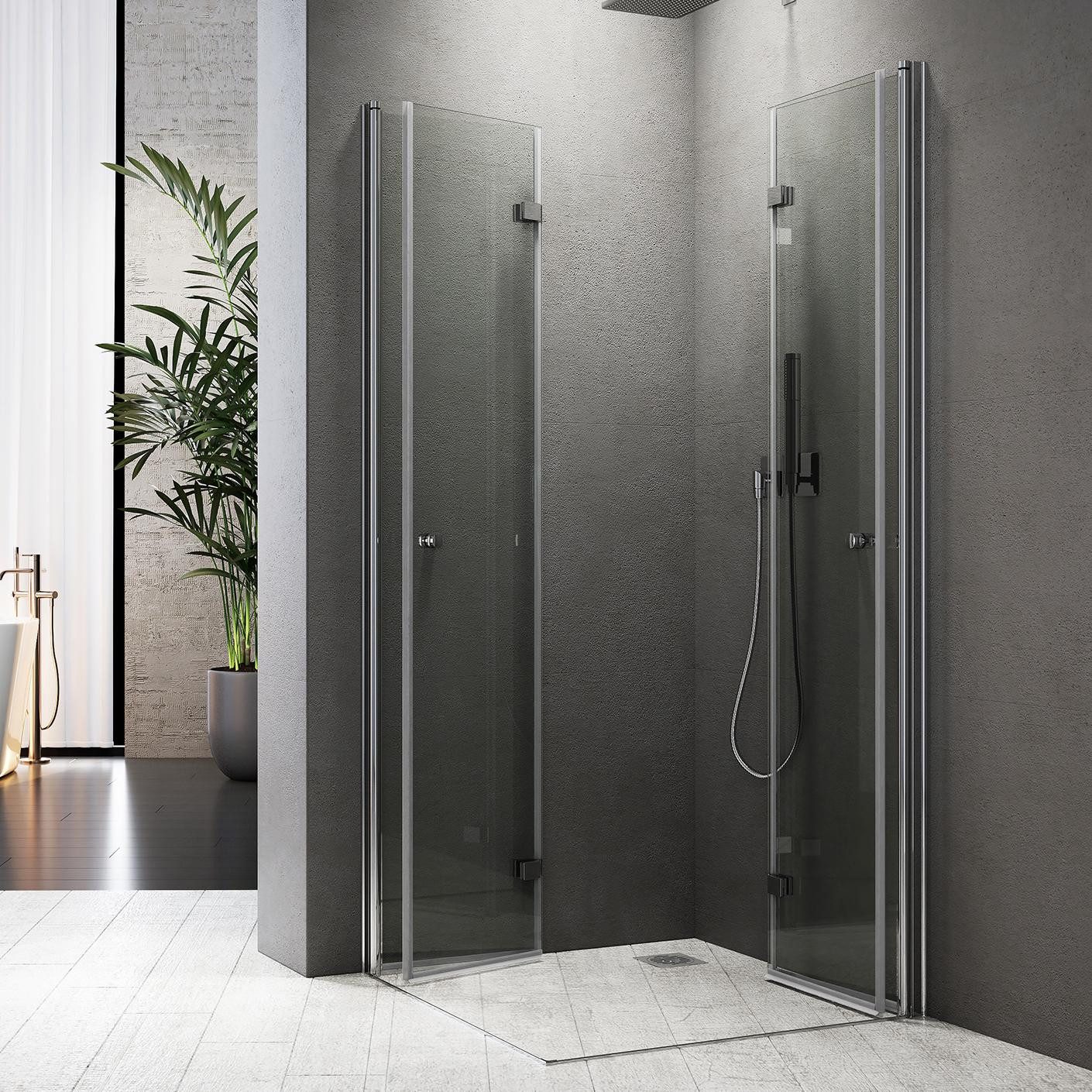Boromal Eckdusche Duschkabine 90x90 75x90 100x100 80x100 Eckeinstieg 180° Falttür H:185, BxT: 75x75 cm, 5mm ESG, Drehtür, Pendeltür, Schiebetür, öffnet sich nach innen und auße, mit Alu-Bodenleiste, Aluprofil, Magnetdichtleisten