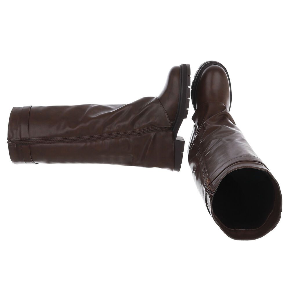 Ital-Design Damen Kniehoher Stiefel mit Profilsohle und Detail Plateaustiefel (91977442) Blockabsatz Stiefel in Braun