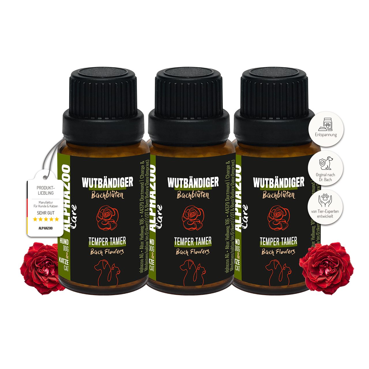 ALPHAZOO Wutbändiger Bachblüten 3 x 15g, Globuli - Aggression - für Hunde und Katzen, Ergänzungsfutter für: Katzen, Hunde, Perfekt bei Aggressivität, Reizbarkeit und Dominanz