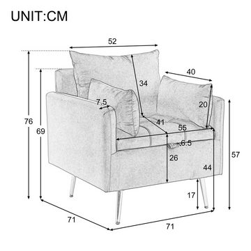 IDEASY Armlehnstuhl Samtstuhl mit Armlehnen, Stauraum unter dem Sitz, 3 Kissen, Metallbeine, grau/grün/weiß, Verstellbare Fußpolster