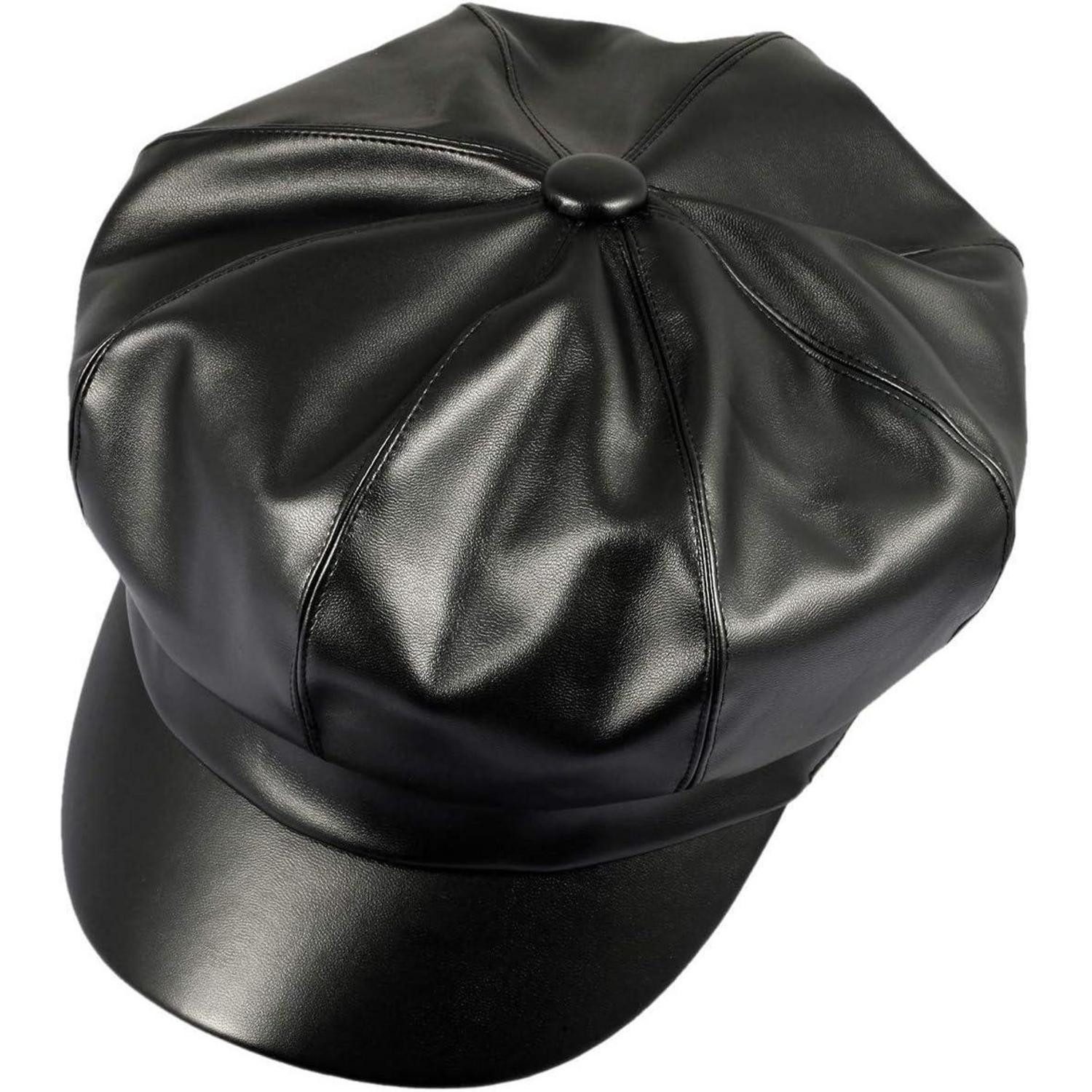 LuxusKollektion Baskenmütze Damen PU Leder Barett Hut 8 Panels Newsboy Schirmmütze Schwarz