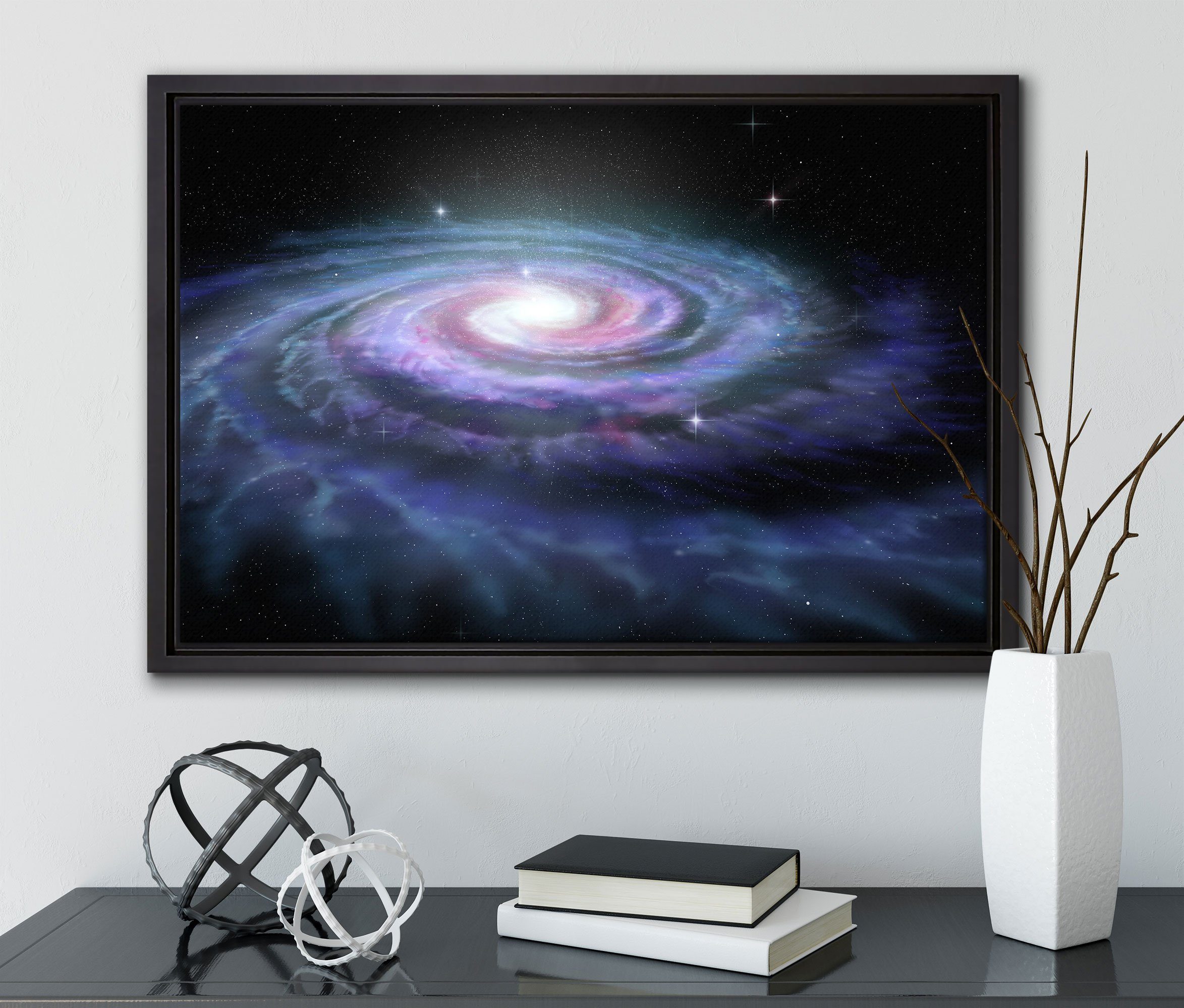 Pixxprint Leinwandbild Sternenwirbel Galaxie, inkl. Leinwandbild Schattenfugen-Bilderrahmen in St), bespannt, (1 Wanddekoration Zackenaufhänger einem gefasst, fertig