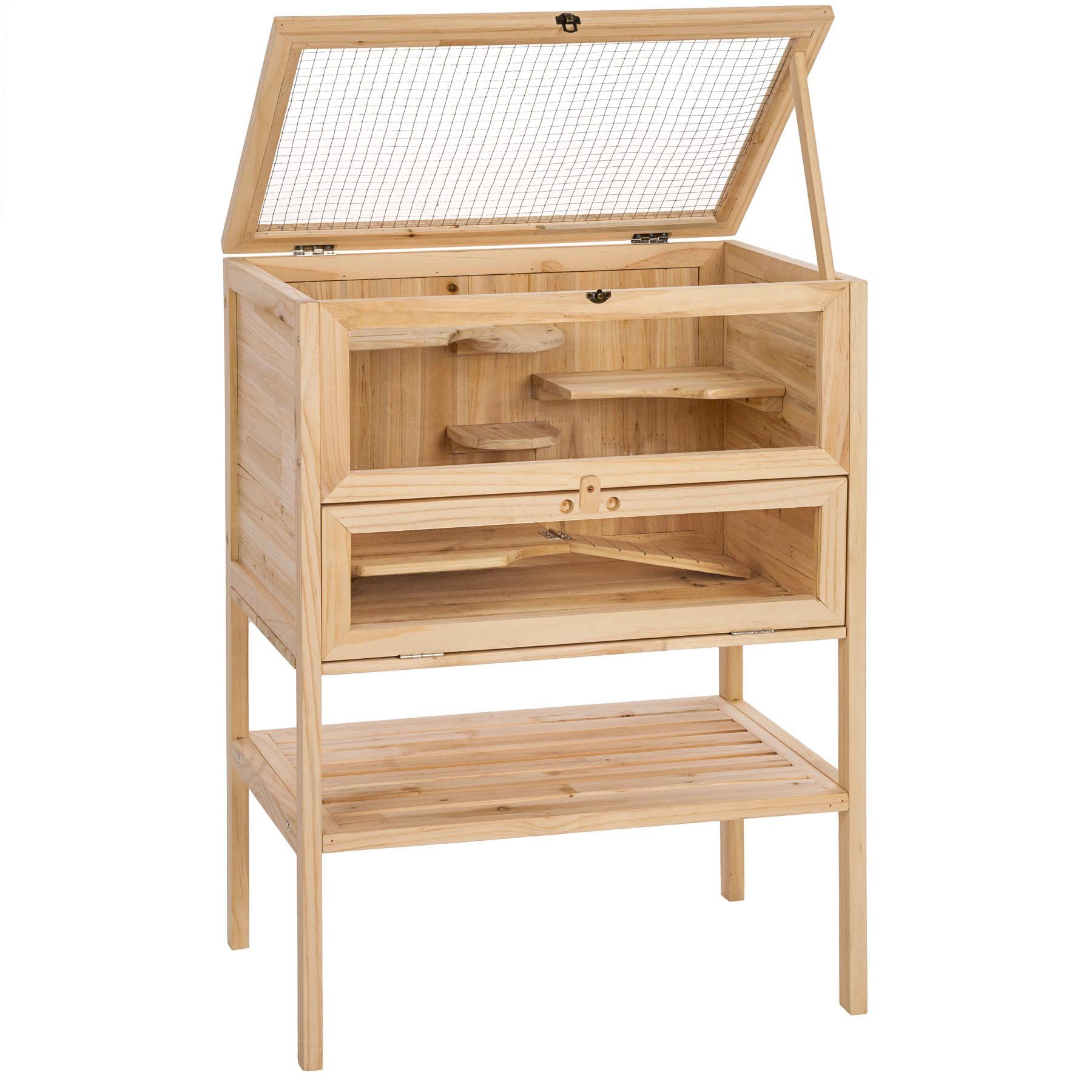 tectake Kleintierkäfig Nagerkäfig, 60 x 40 x 80 cm, aus Holz, mit 4 Etagen und einer Rampe, Große Plexiglasscheiben, aufklappbares Dachgitter, Ablage unten