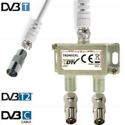 TronicXL SAT-Verteiler IEC Verteiler Antennenverteiler 2fach + Kabel Adapter Splitter Sat TV