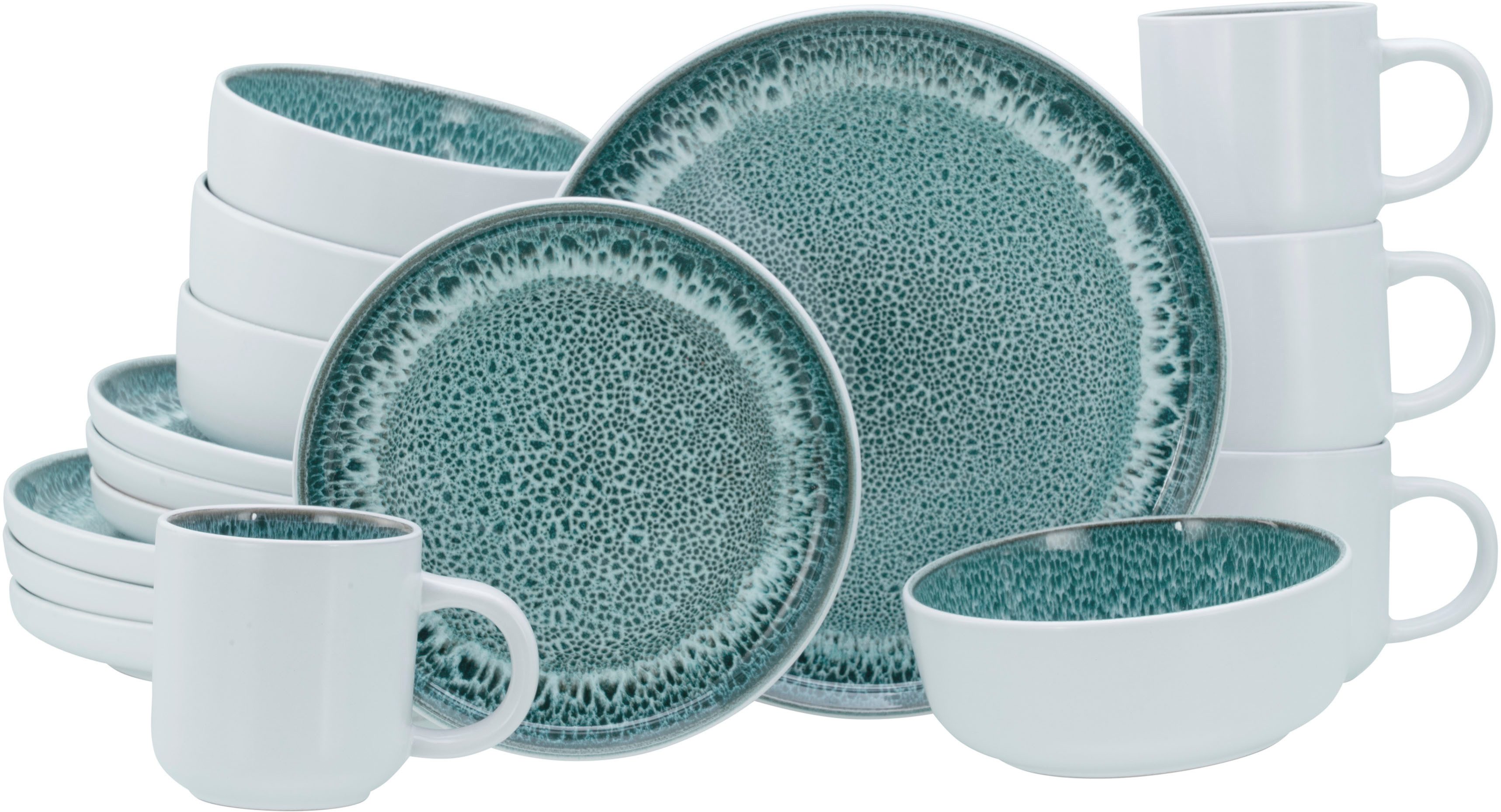 CreaTable Kombiservice Nordic Fjord, Service 16-tlg. (16-tlg), 4 Personen, Steinzeug, Reaktive Glasur, Einzigartiger Look