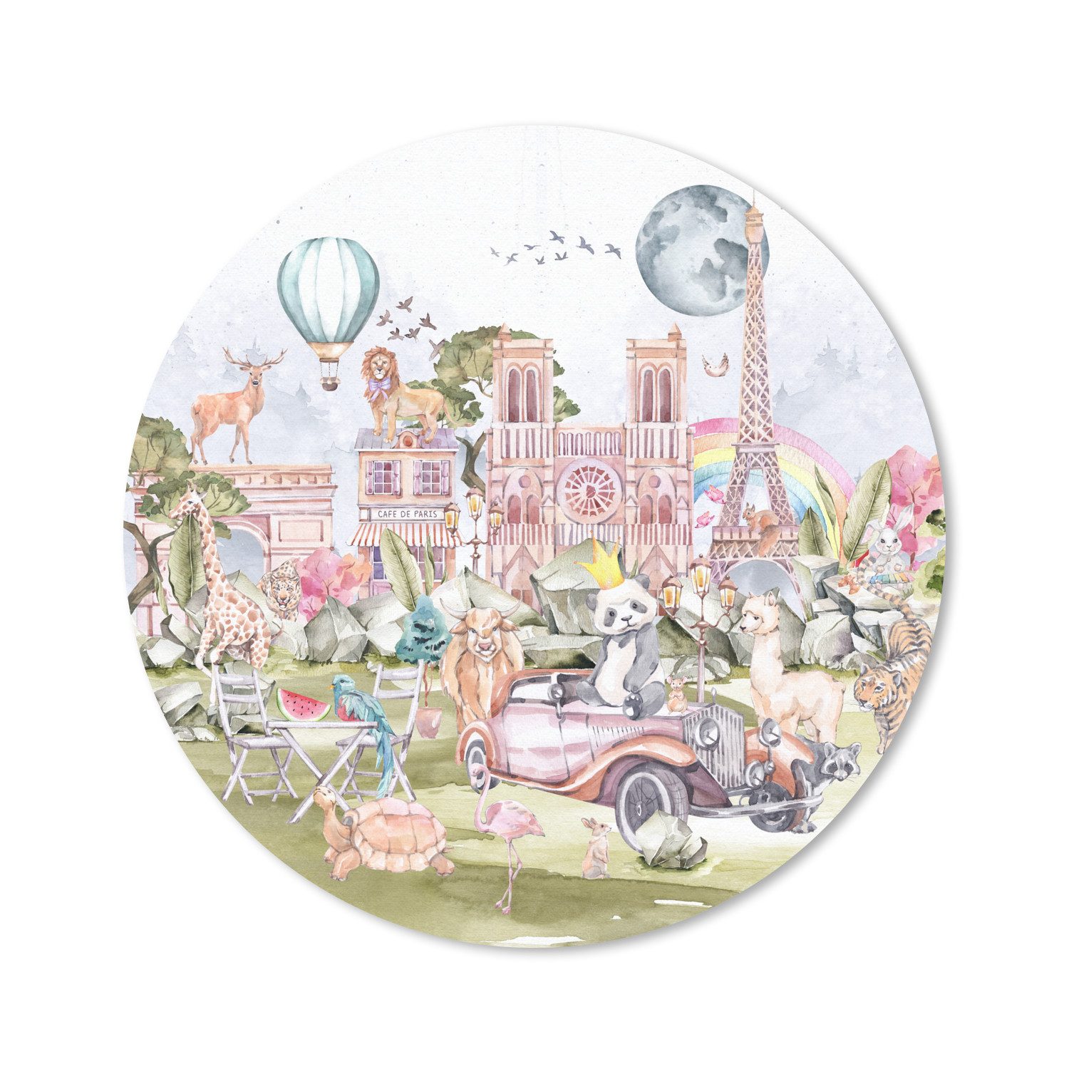 MuchoWow Mauspad Paris - Regenbogen - Kinder - Rosa - Mädchen - Tiere (1-St), Büro für Tastatur und Maus, Mousepad Gaming, Rund 20x20 cm