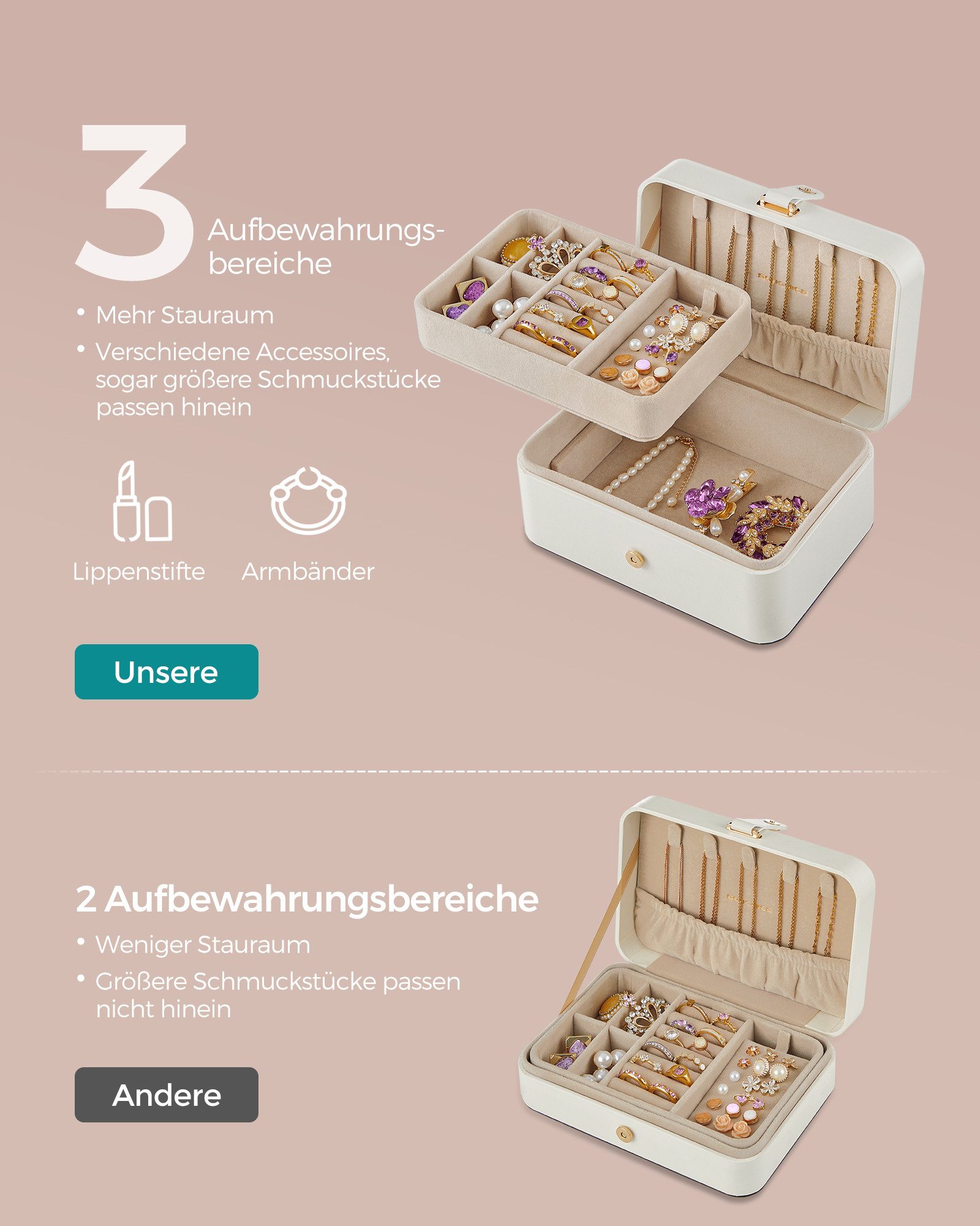 SONGMICS Schmuckkasten Schmuckkästchen Reise, Schmuckaufbewahrung, für größere Accessoires, 2 Ebenen, tragbar, Schmuck-Reiseetui, Geschenkidee, wolkenweiß – Bild 4 von 5