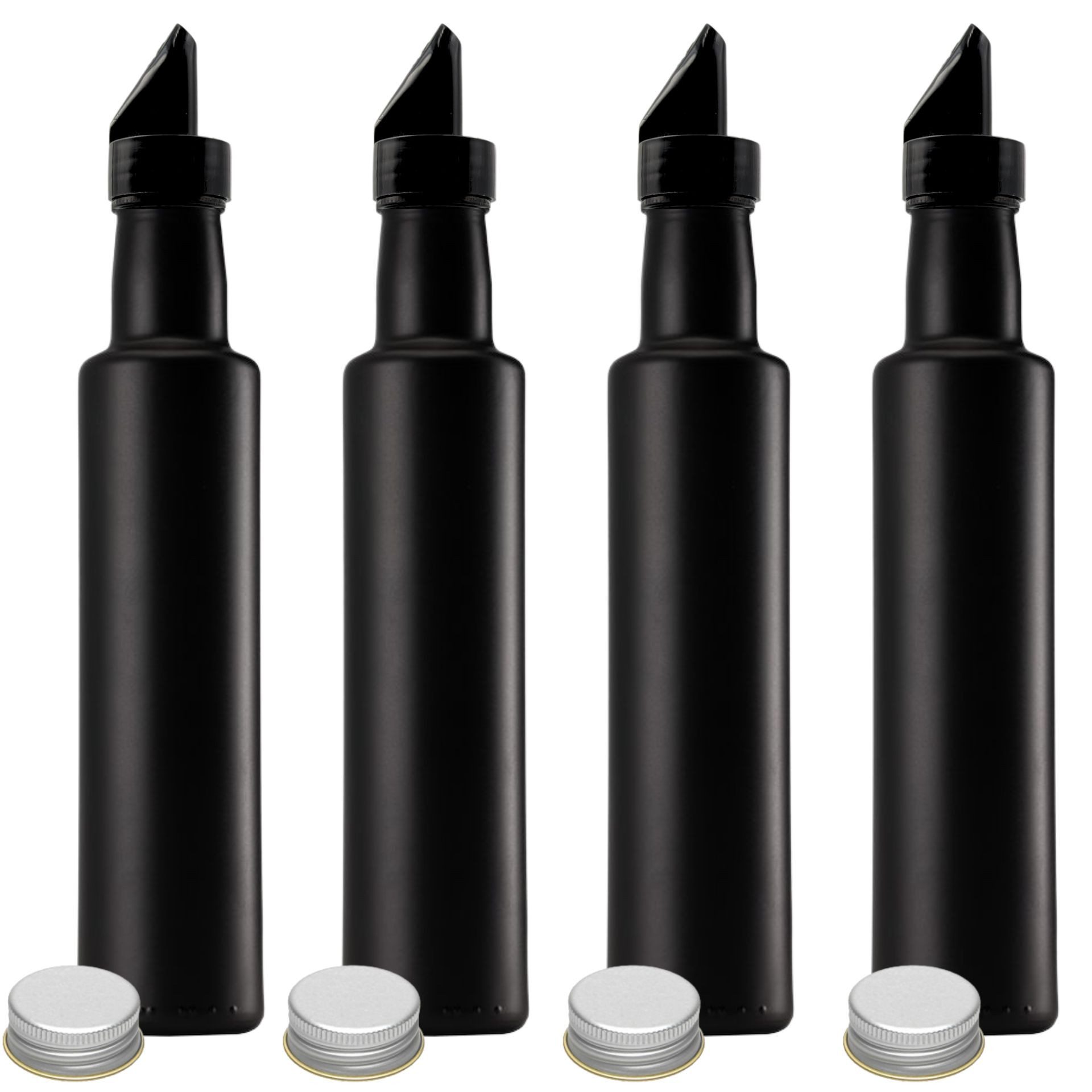 Ölspender 4x Ölflasche 250ml mit Ausgießer schwarze leere Glasflasche +Etiketten