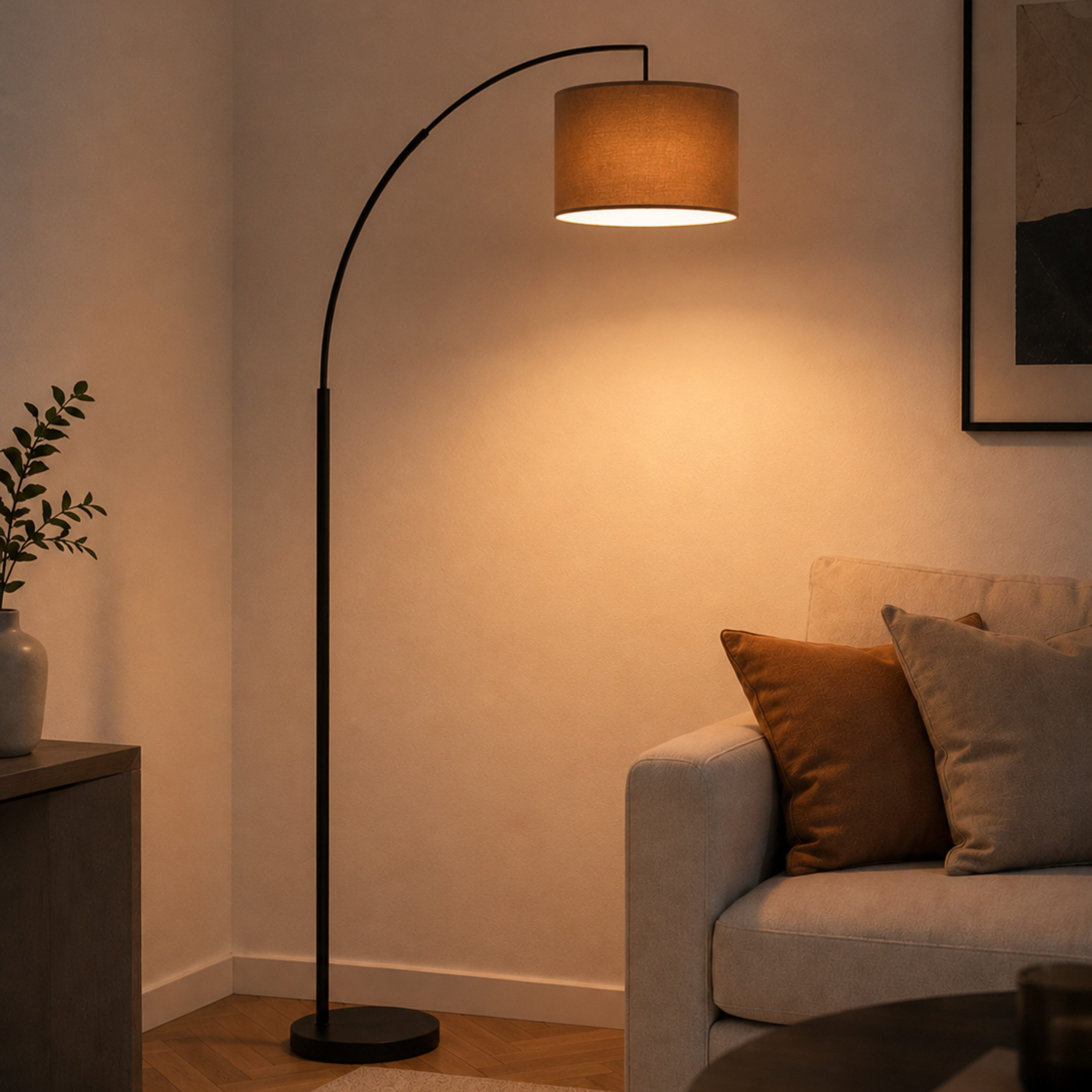 OTTO home Stehlampe Stellan, Ein-/Ausschalter, ohne Leuchtmittel, Bogenlampe Textilschirm Stoff Ø 36cm, E27, Fußschalter, Bogenleuchte
