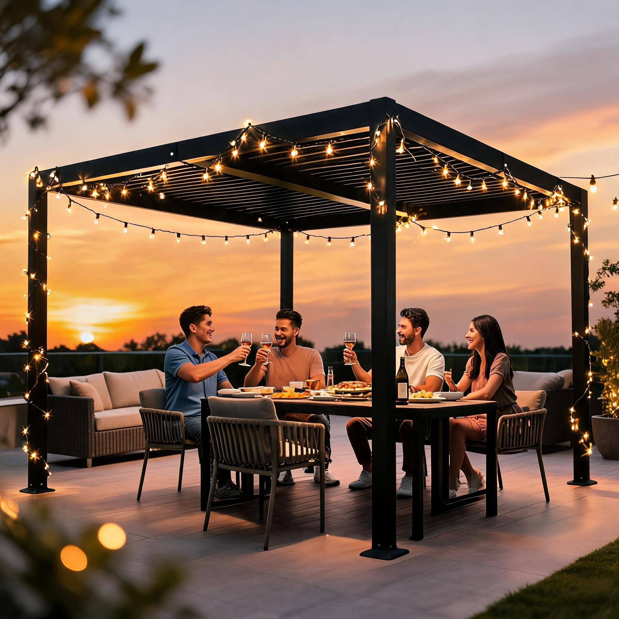 BBG Pavillon Aluminium Eisen Lamellendach mit stabilen 100x100mm Pfosten, (pulverbeschichtetem Rahmen und wetterfesten Eisen-Lamellen für langlebigen Sonnenschutz)