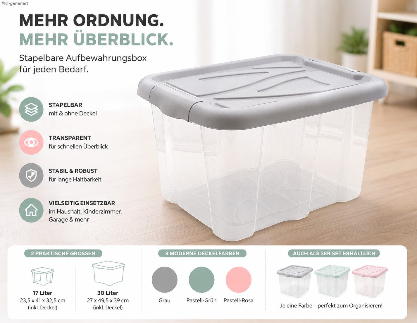 steinwohn Stapelbox mit Deckel 17L / 30L – Stapelbare Kunststoffbox Transparent, für Haushalt, Kinderzimmer & Garage