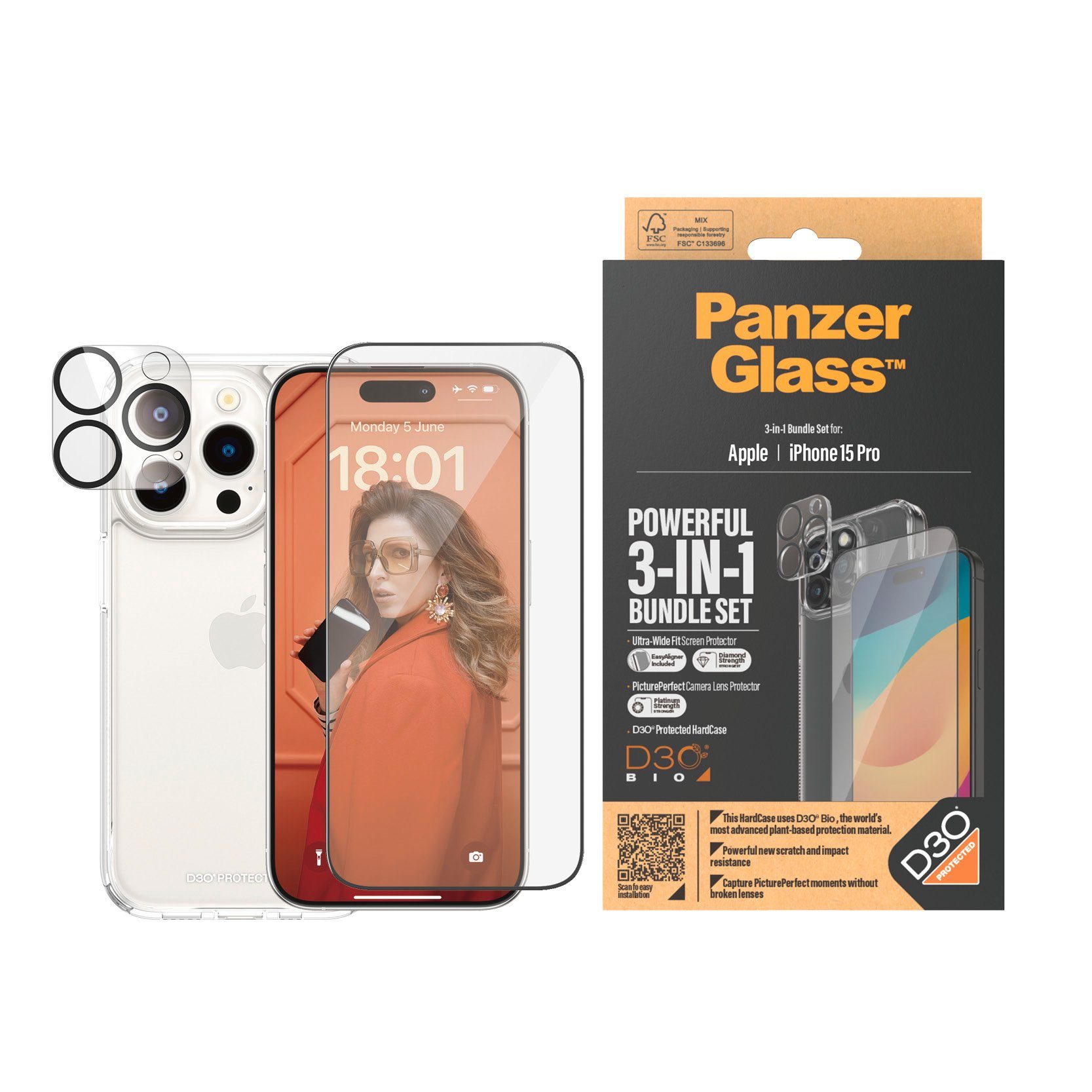 PanzerGlass Displayschutzglas 3-in-1-Pack Screen, Camera Protector und Cover für iPhone 15 Pro