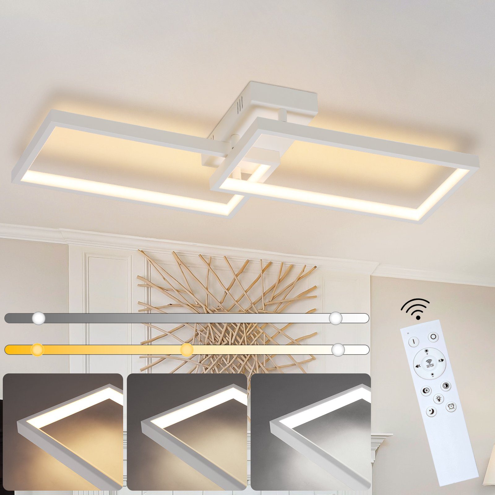 ZMH LED Deckenleuchte dimmbar mit Fernbedienung Wohnzimmerlampe aus Metall Modern, LED fest integriert, Dimmbar, Mit Fernbedienung weiß