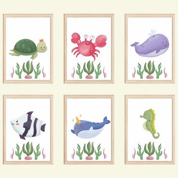 Tigerlino Poster 6er Set Kinderzimmer Bilder Schildkröte Krabbe Wal Fisch Seepferdchen