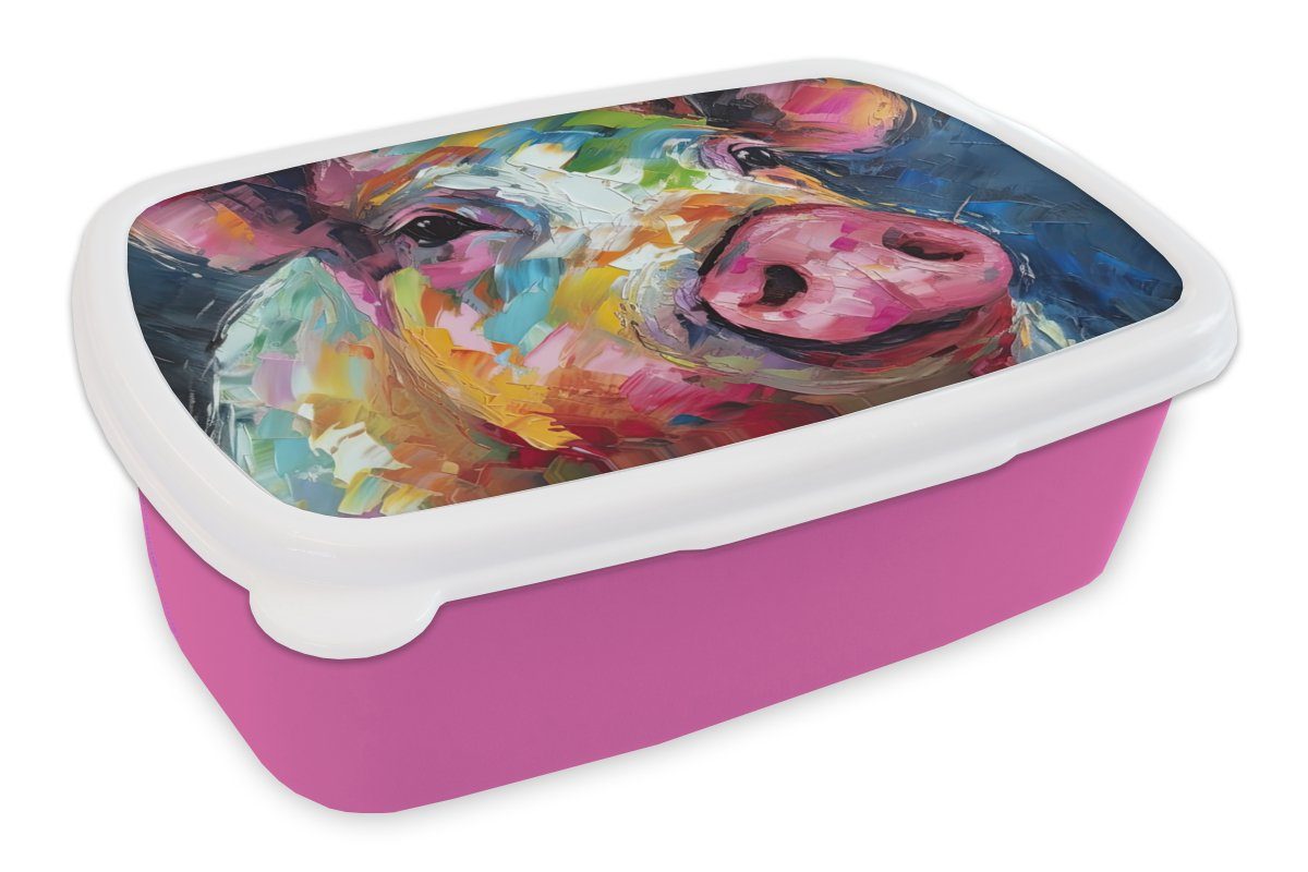 - rosa für Snackbox, Kunststoff, (2-tlg), - Brotdose Schwein Kunststoff - Tiere Ölfarbe Kunst, Erwachsene, Mädchen, MuchoWow Kinder, Lunchbox Brotbox