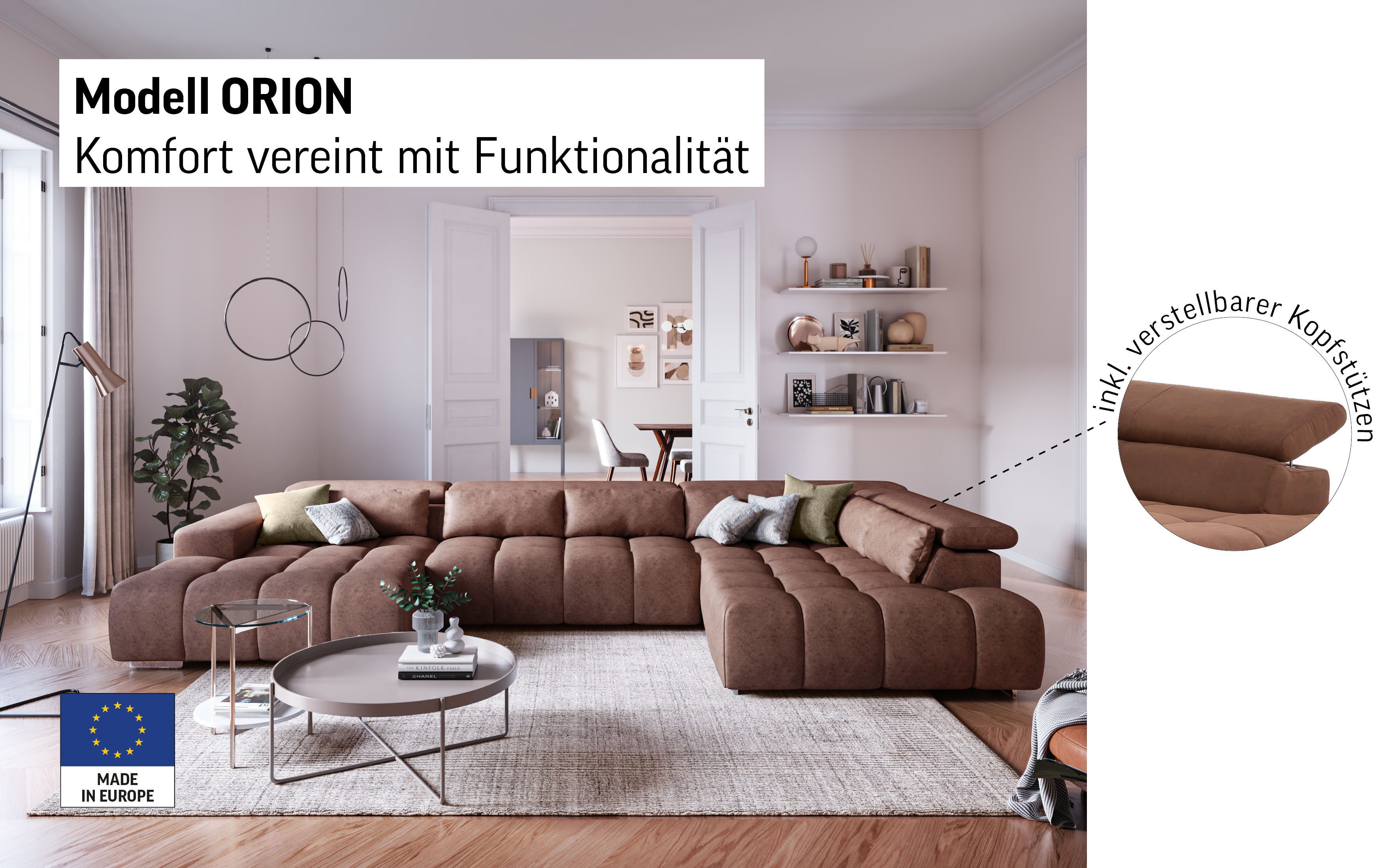 COTTA Wohnlandschaft Orion U-Form, mit Kopfteilverstellung & 6 Nierenkissen