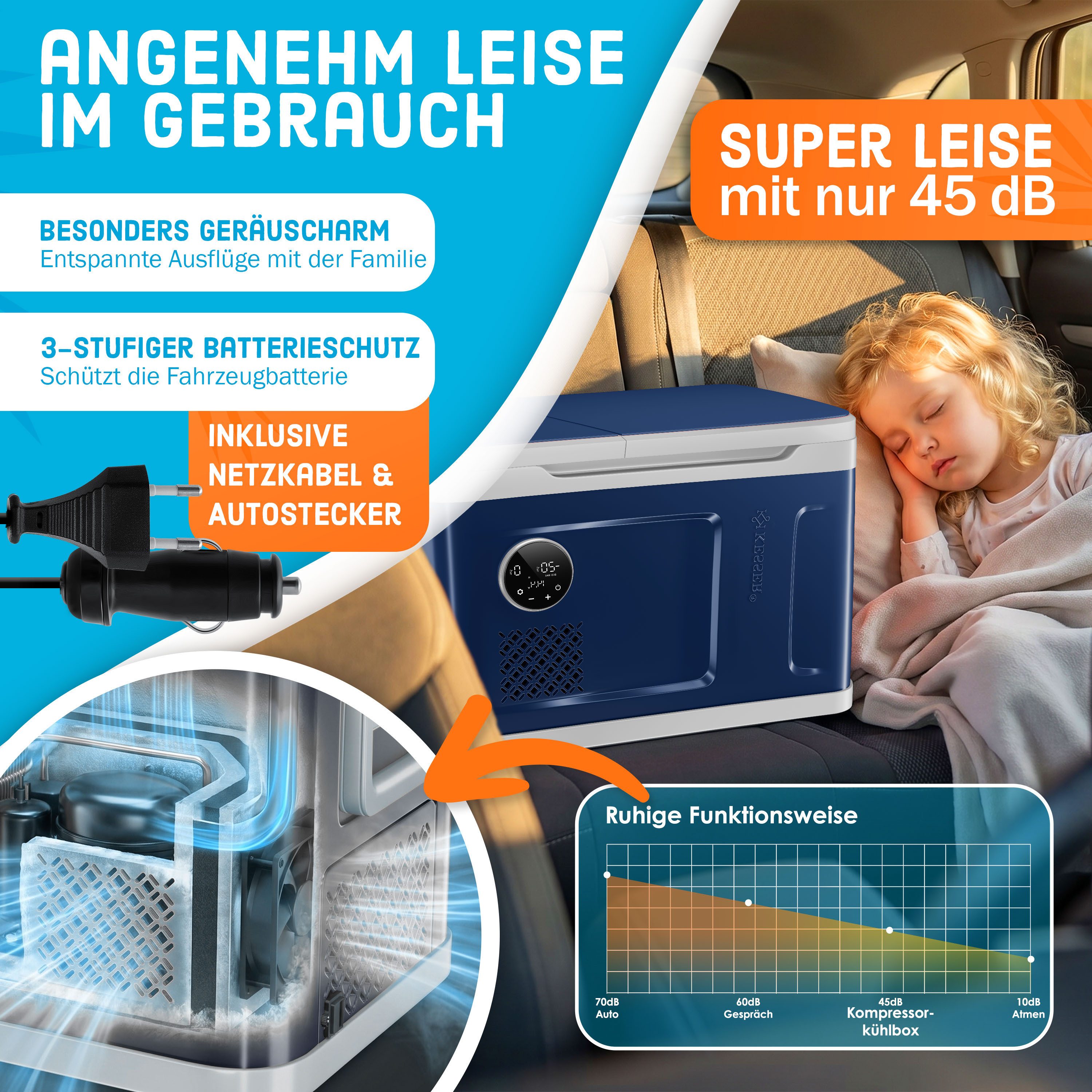 KESSER Kühlbox Kompressor 2in1 Doppelzone Kühl & Gefrierfach elektrische Gefrierbox, 49 l, mit 2x Kühlakkus & LED-Touch-Bedienung Kühlschrank bis -20 °C – Bild 5 von 5