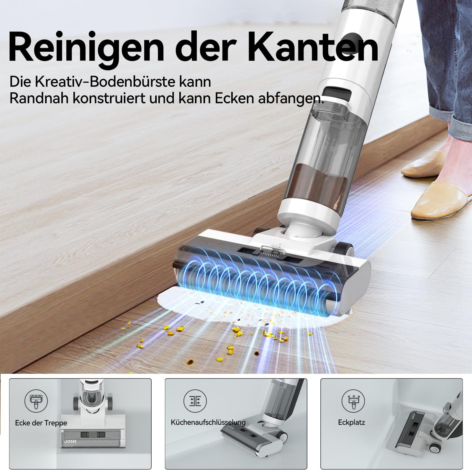 JONR Nass-Trocken-Akkusauger ED12 3-in-1 Wischsauger mit 40 Min Laufzeit & 12.000 Pa, 200 W, 850mL Wassertank, Anti-Verwirrungs-Haar, Kabelloser Nass- und Trockensauger und Wischmopp, Kantenreinigung für Hartböden, Tierhaare, Fliesen