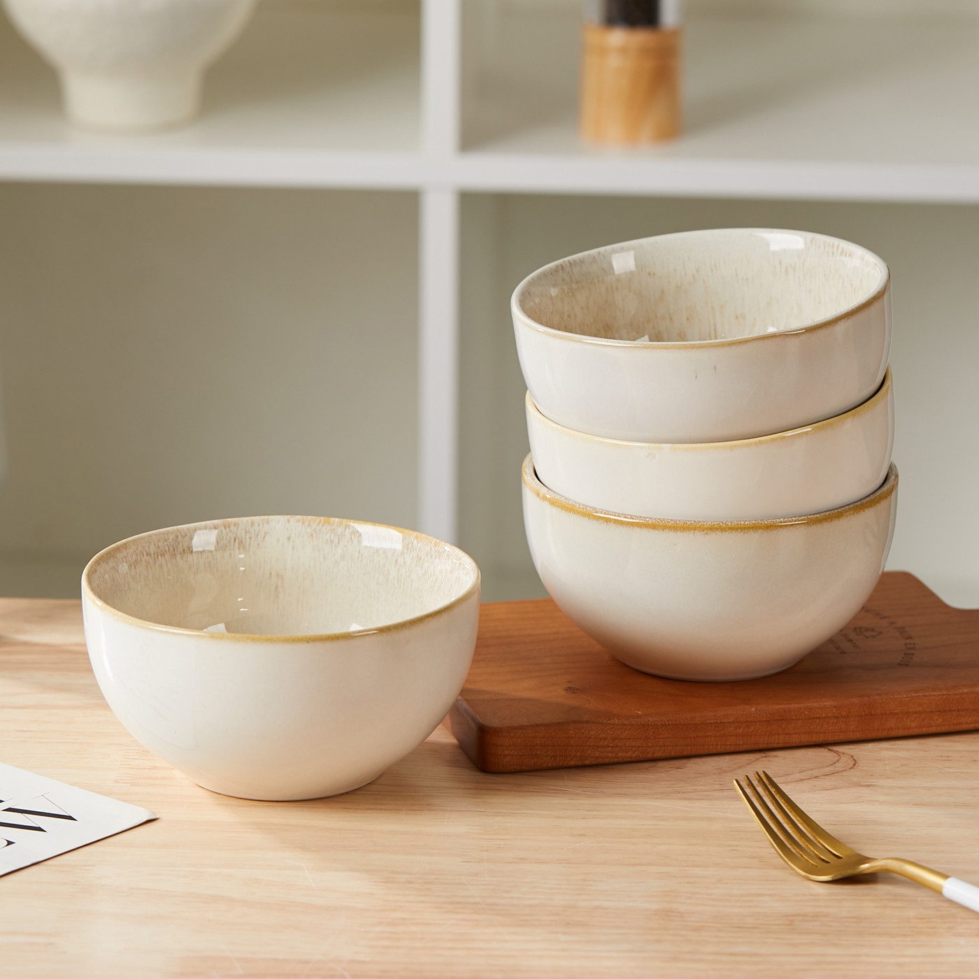 JIWOO Salatschüssel 4er Ø13.5cm, Müslischüssel Suppenschüssel Dessertschale Obstschale, Keramik, (Schüsselset, 4-tlg), Hochwertiges Schüsseln Braun Mikrowellen und spülmaschinenfest Ø13,5cm