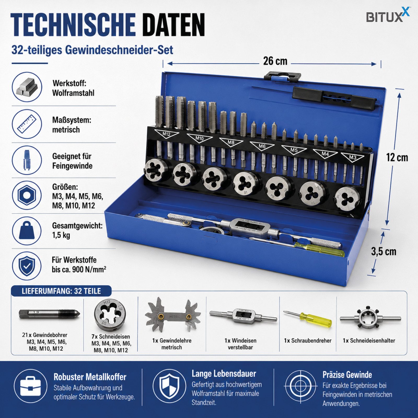 Bituxx Gewindeschneideisen Gewindeschneid Set 32 tlg, Set, 32-tlg., MS-15841 – Bild 4 von 5