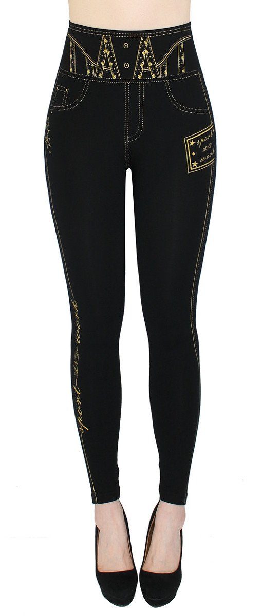 dy_mode Highwaist Leggings Damen Leggings Schwarz mit Goldfarben Glanz Muster Hochbund Hose elastischem Hochbund