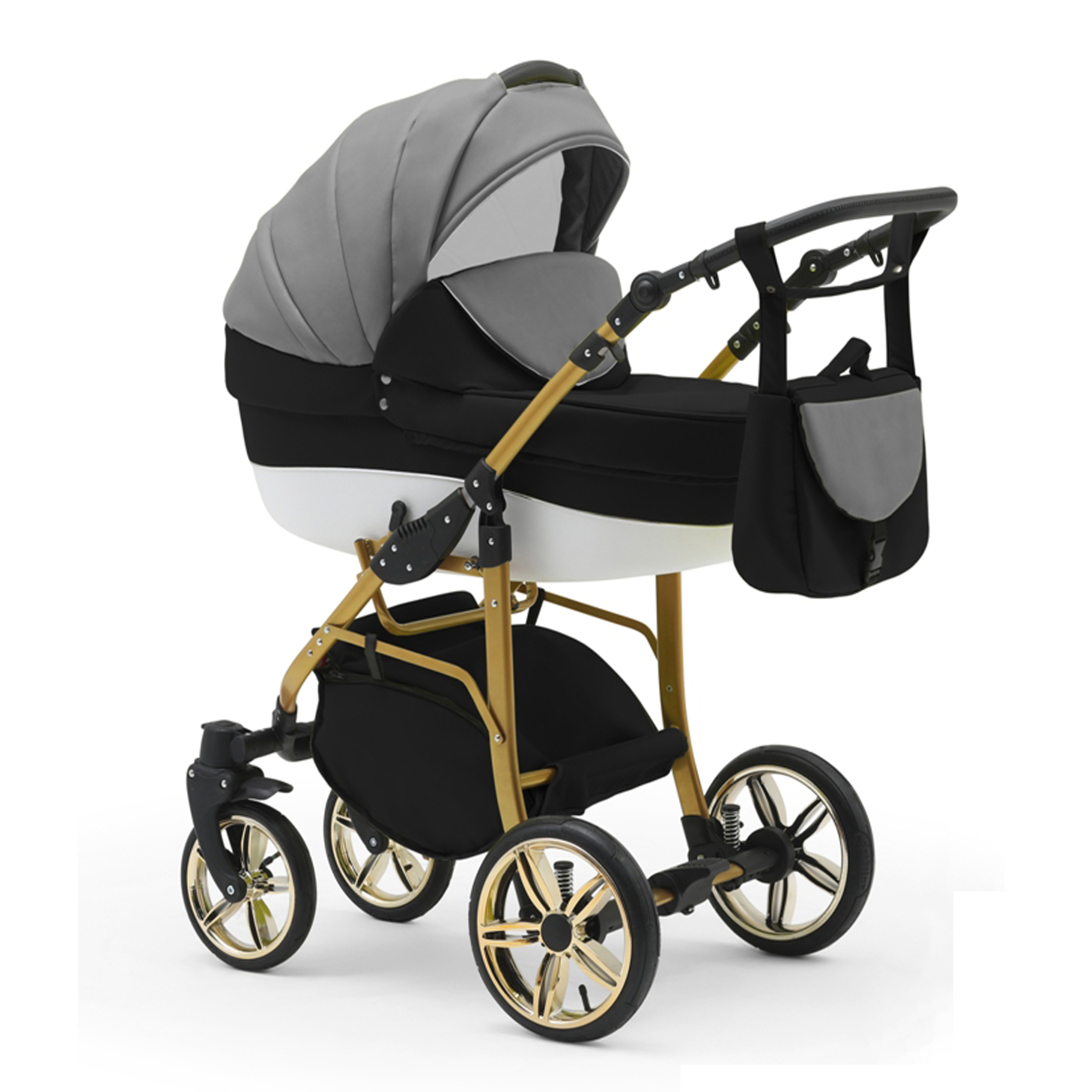 babies-on-wheels Kombi-Kinderwagen 2 in 1 Kinderwagen-Set Cosmo ECO Gold - 13 Teile - in 46 Farben Grau-Schwarz-Weiß